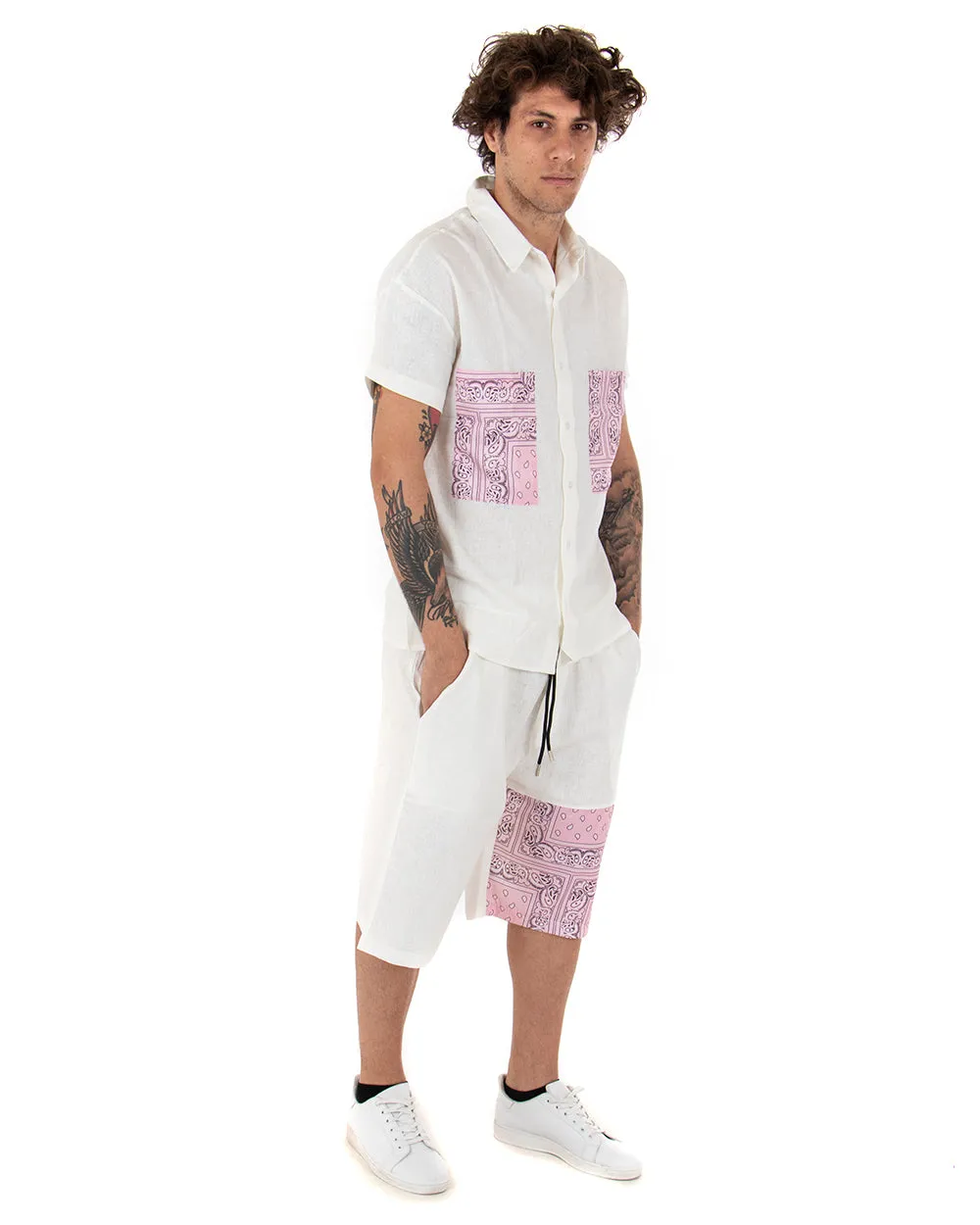 Completo Set Coordinato Uomo Lino Camicia Con Colletto Bermuda Outfit Bianco GIOSAL-OU2044A