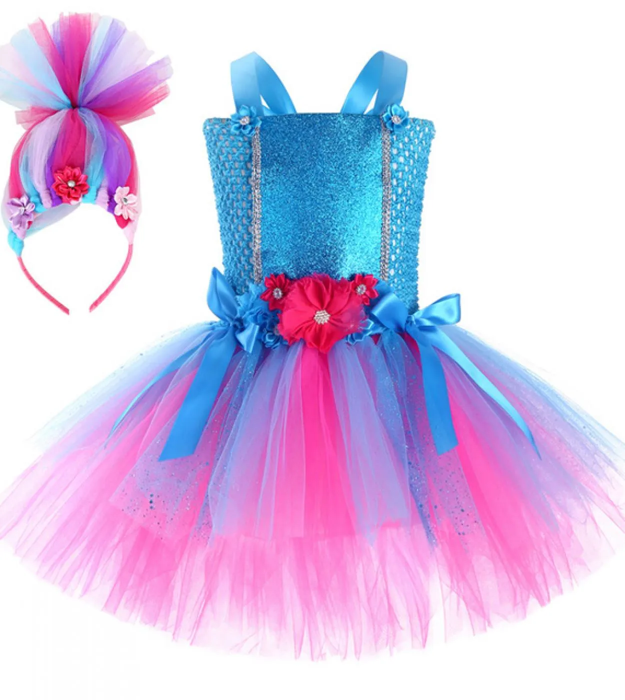 Costume da troll a 3 strati per ragazze Compleanno Abiti di Halloween per bambini Tutu da fata elfo magico Vestito con fiocco pe