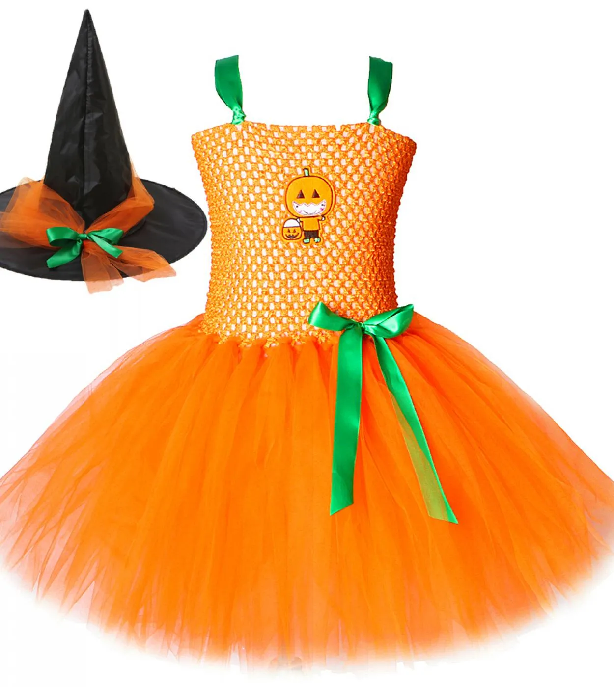 Costume di zucca di Halloween per ragazze Vestito da tutu da strega con cappello Ragazza per bambini Festa di carnevale Vestito