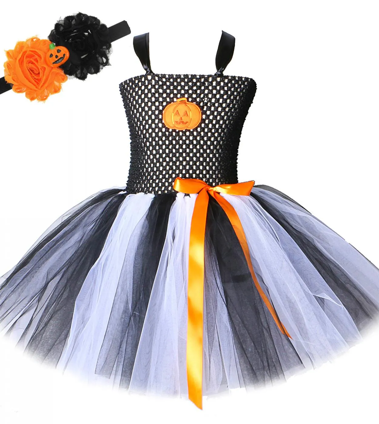 Costume di zucca di Halloween per ragazze Vestito da tutu per bambini con fascia per capelli a fiori Vestito da festa per bambin
