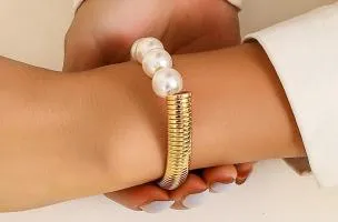 Elegante braccialetto con perle artificiali, colore oro