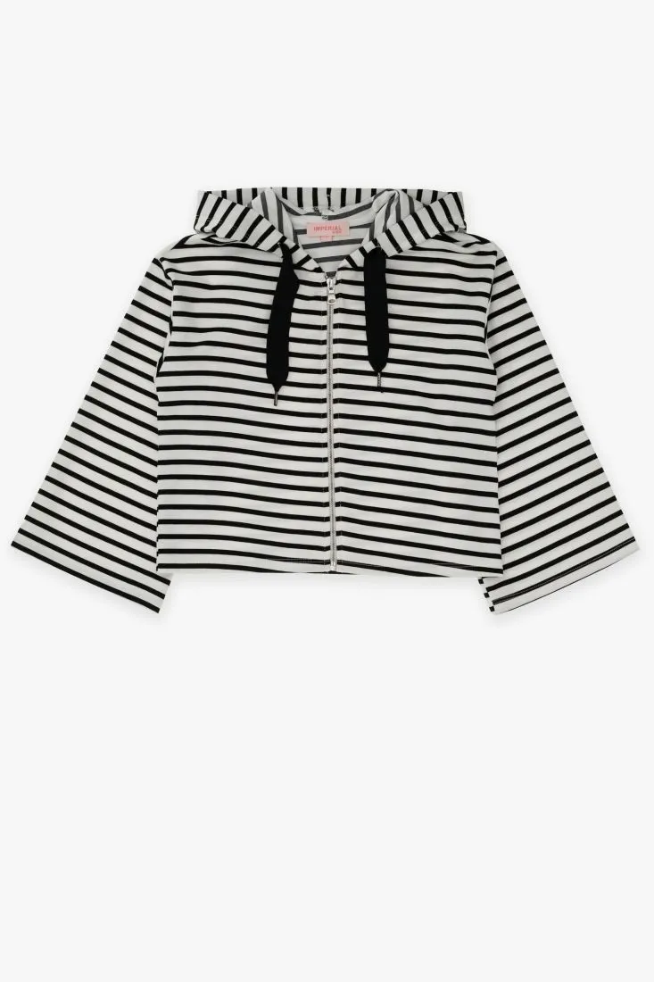 Felpa bambina a righe con cappuccio, coulisse e zip