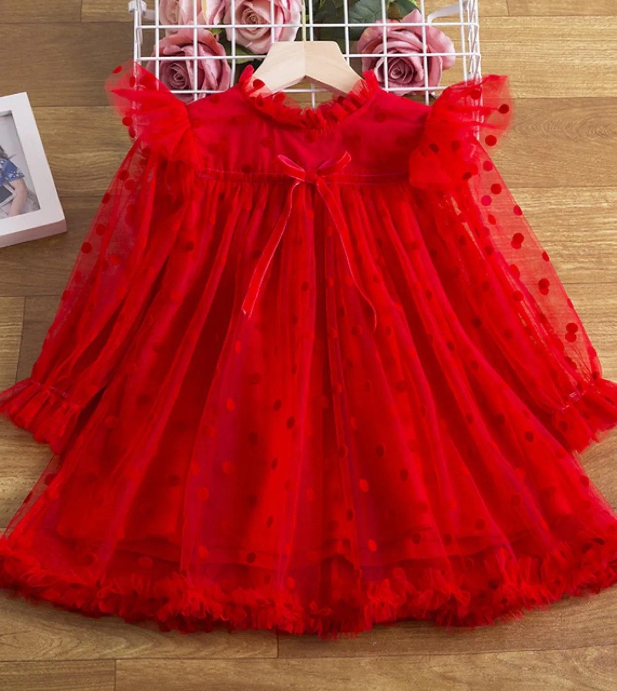 Fiore Capodanno Abito da principessa per ragazza Autunno Panno a maniche lunghe Pizzo vintage Tulle Natale Vestido Abiti per bam