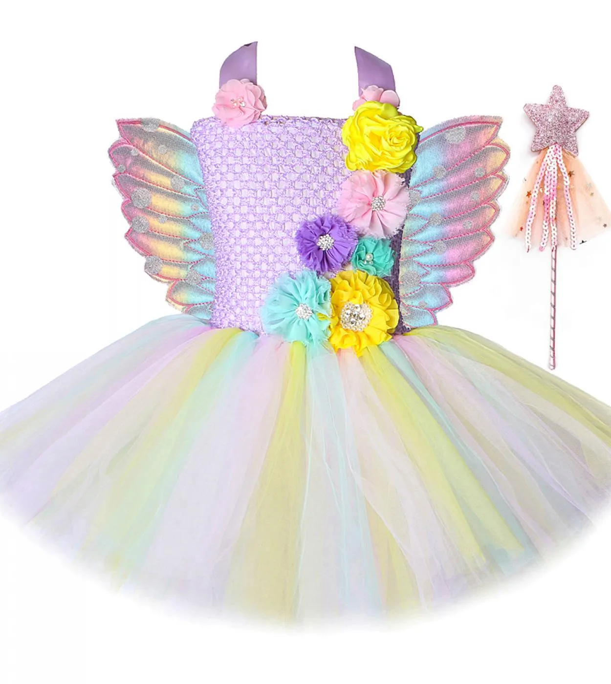 Flower Girl Fairy Tutu Dress With Wing Princess Birthday Costume for Kids Pastel Macaron Abiti Girls Halloween Carniva