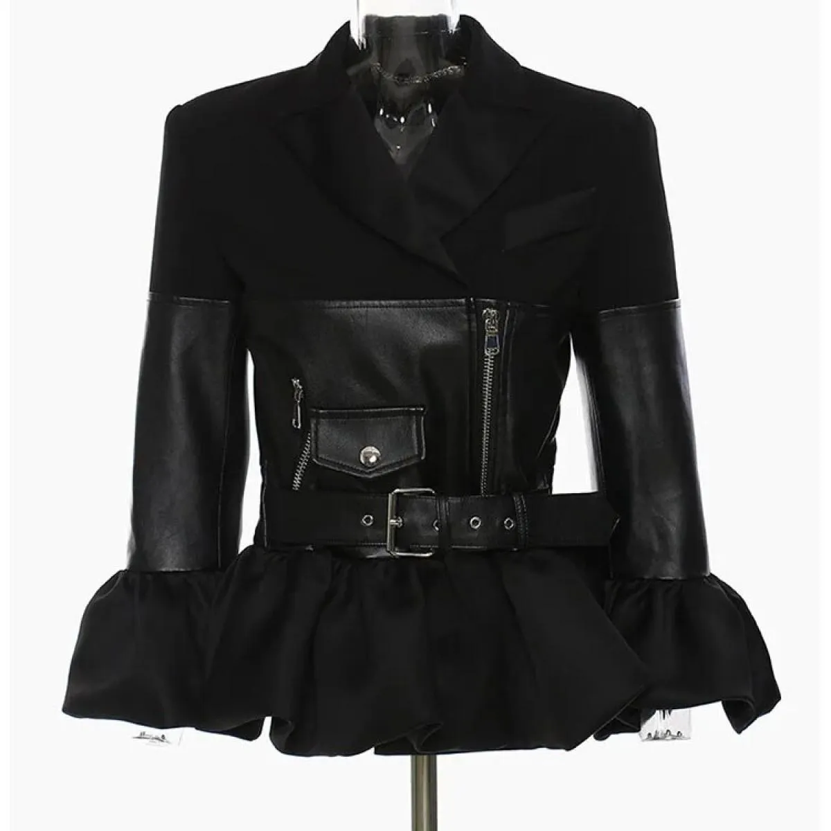 Giacca da motociclista patchwork con volant da donna High Street New Fashion 2023 Designer Jacket