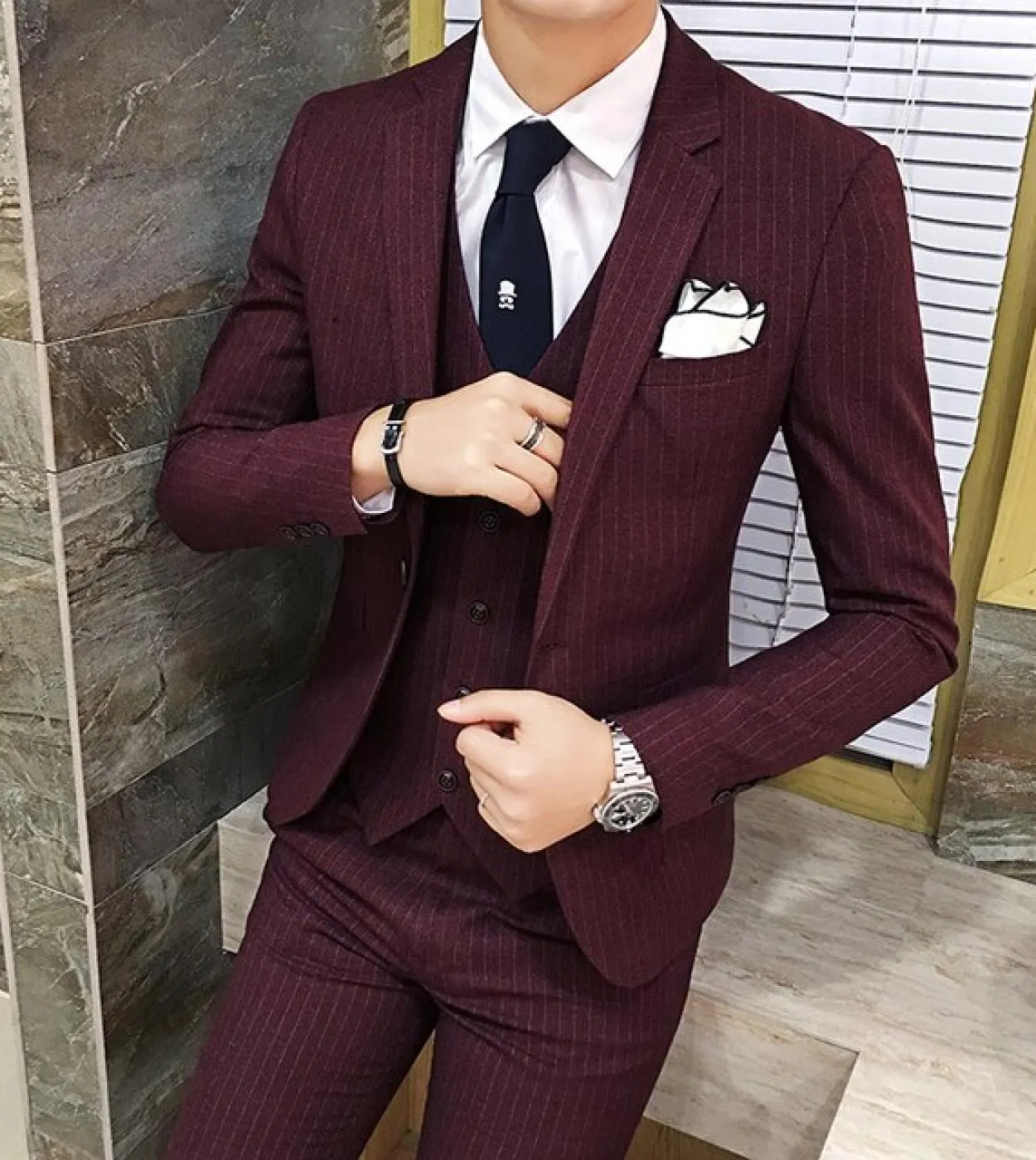 Giacca  pantaloni Marchio di fascia alta Abito da sposa formale da sposo Best Mans Abito da lavoro a righe Slim Blazer Pantal