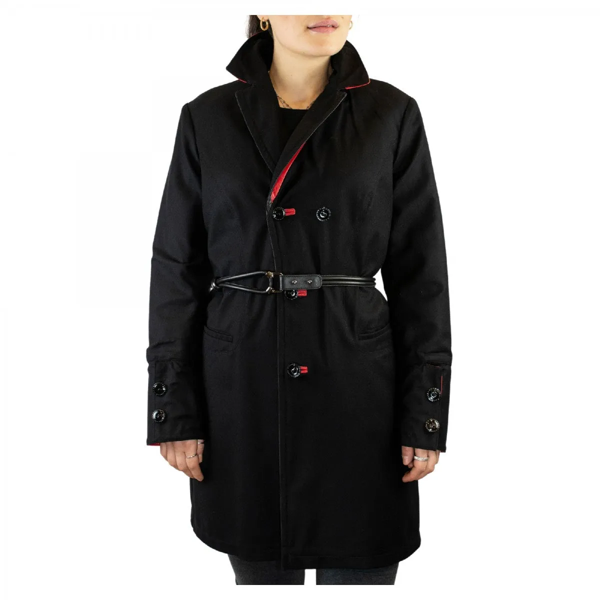 Giacca reversibile da donna fatta a mano in pelle di agnello rossa e cachemire con cintura