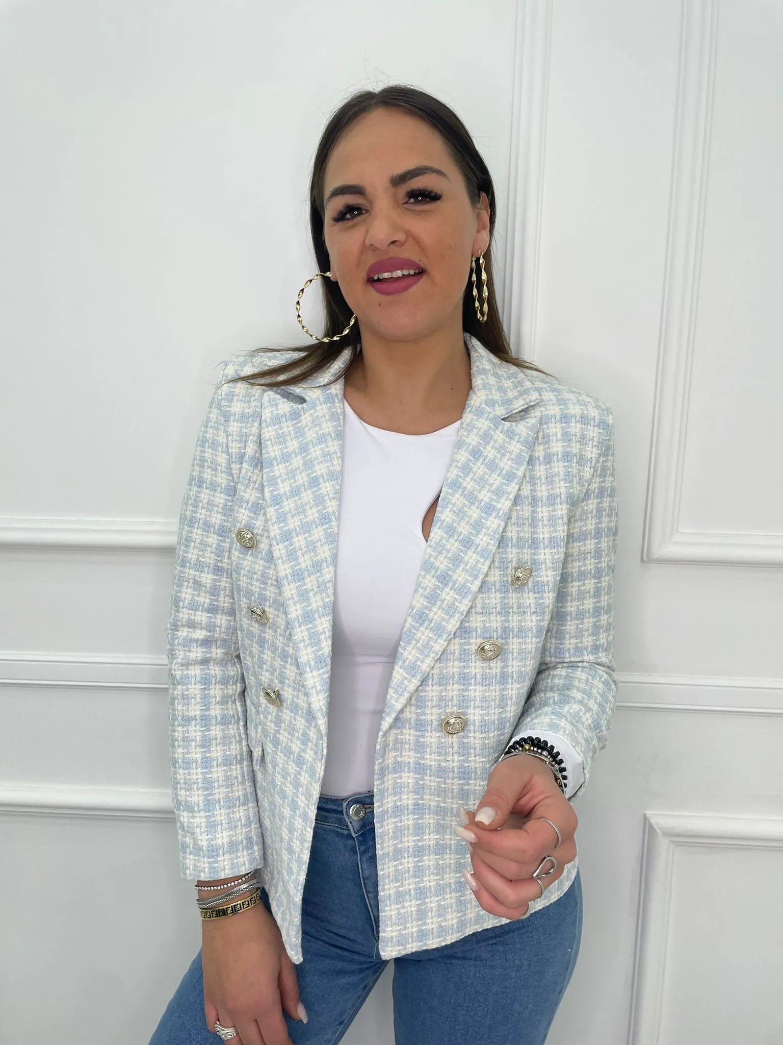 Giacca tweed doppiopetto con bottoni oro