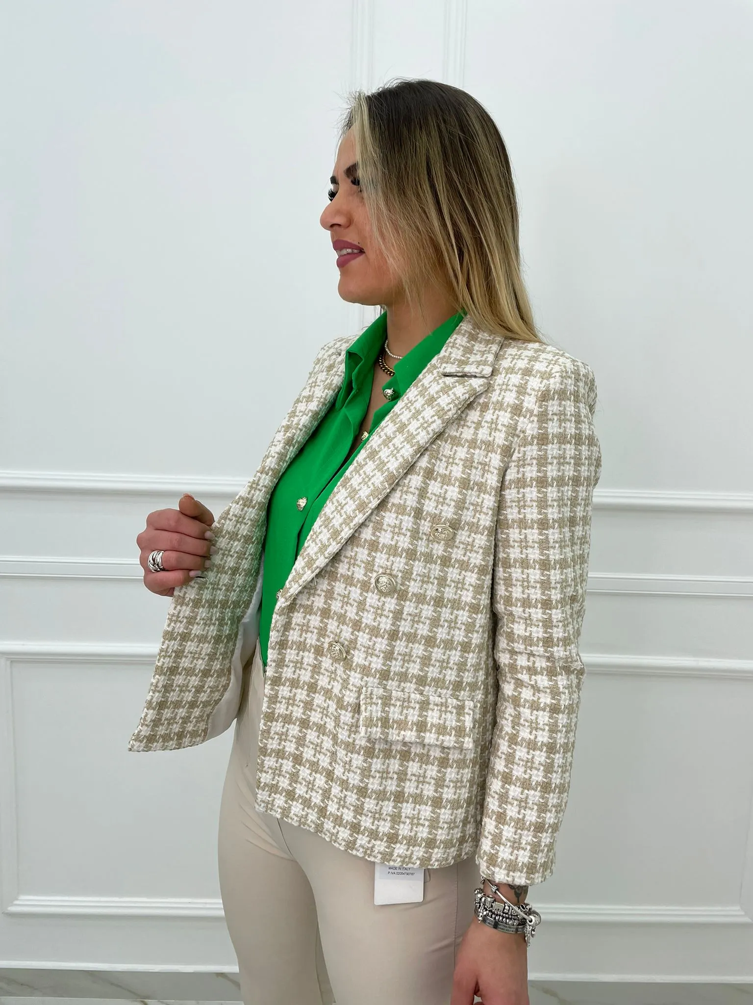 Giacca tweed doppiopetto con bottoni oro