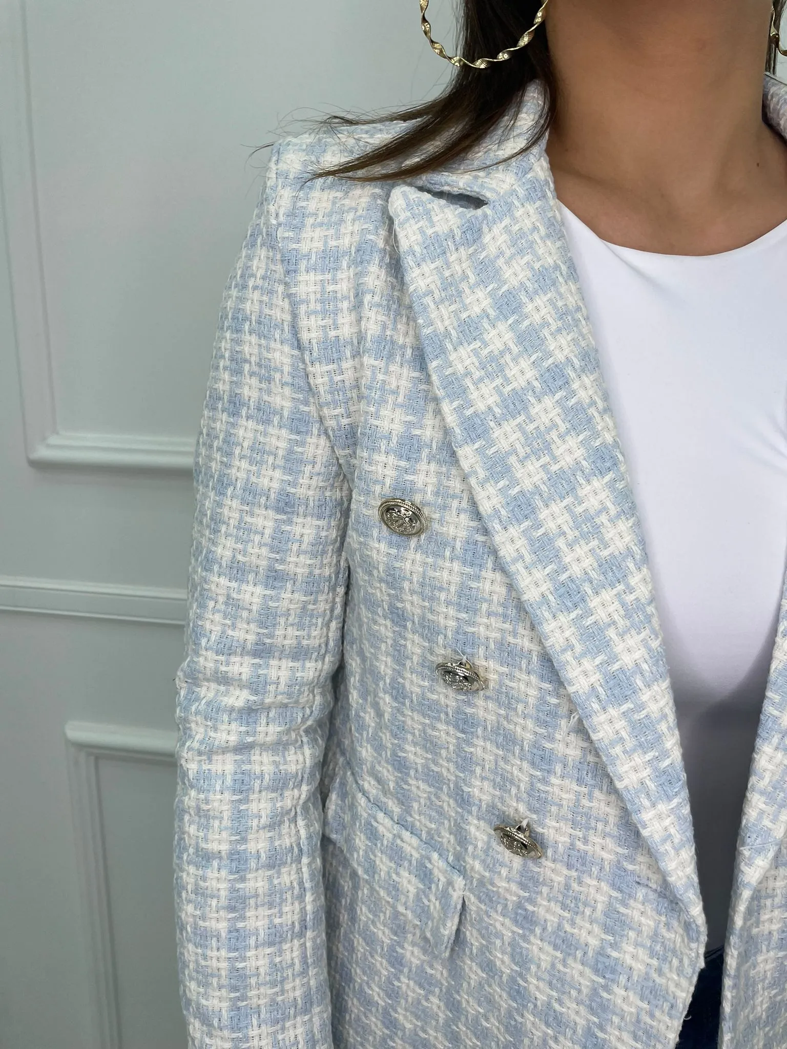 Giacca tweed doppiopetto con bottoni oro