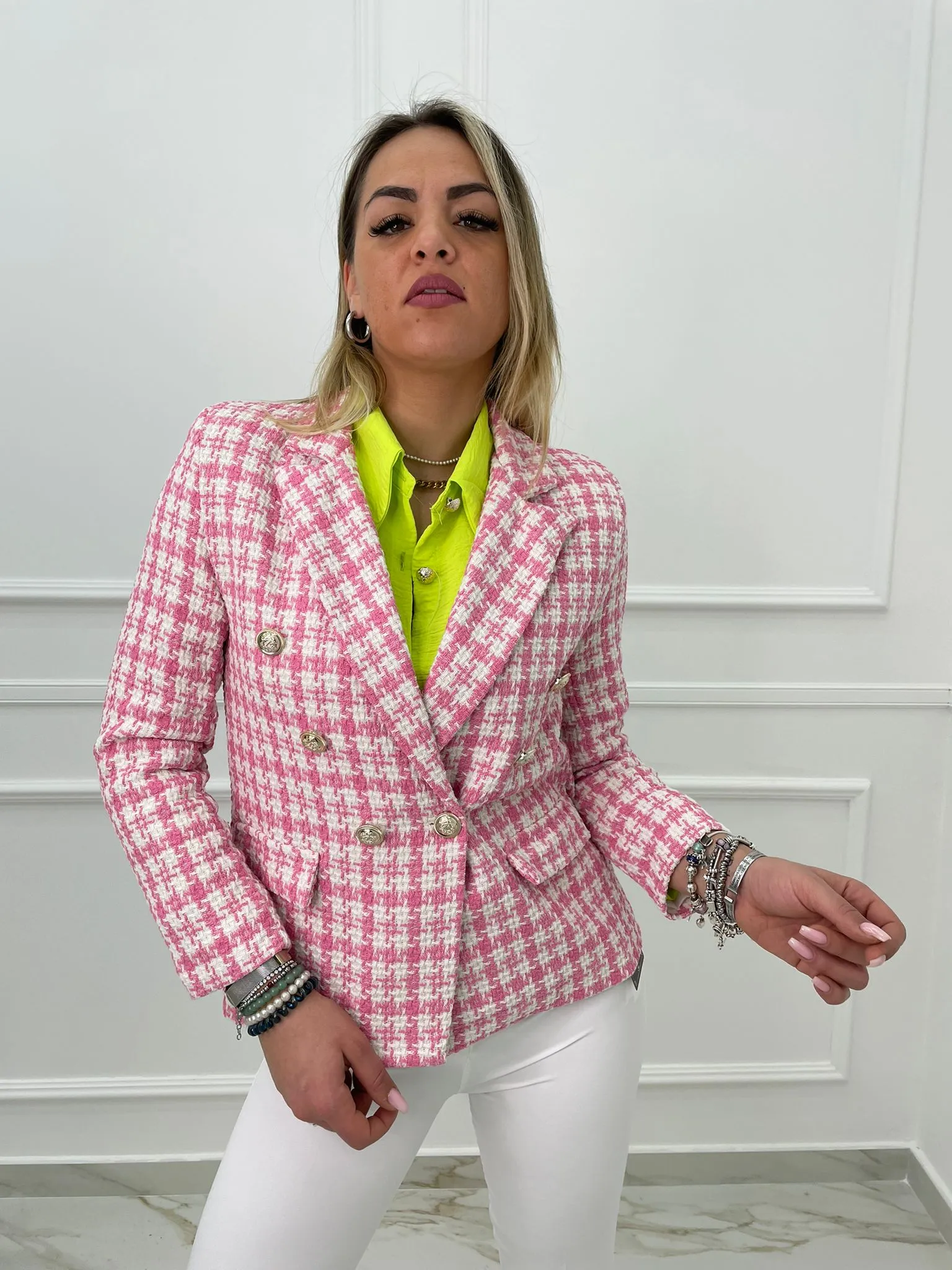 Giacca tweed doppiopetto con bottoni oro