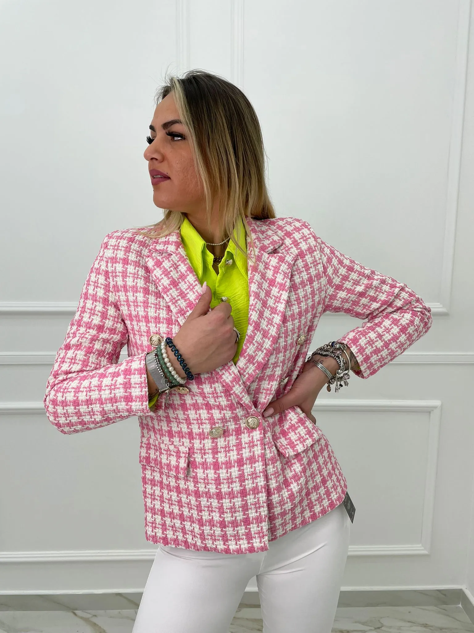 Giacca tweed doppiopetto con bottoni oro