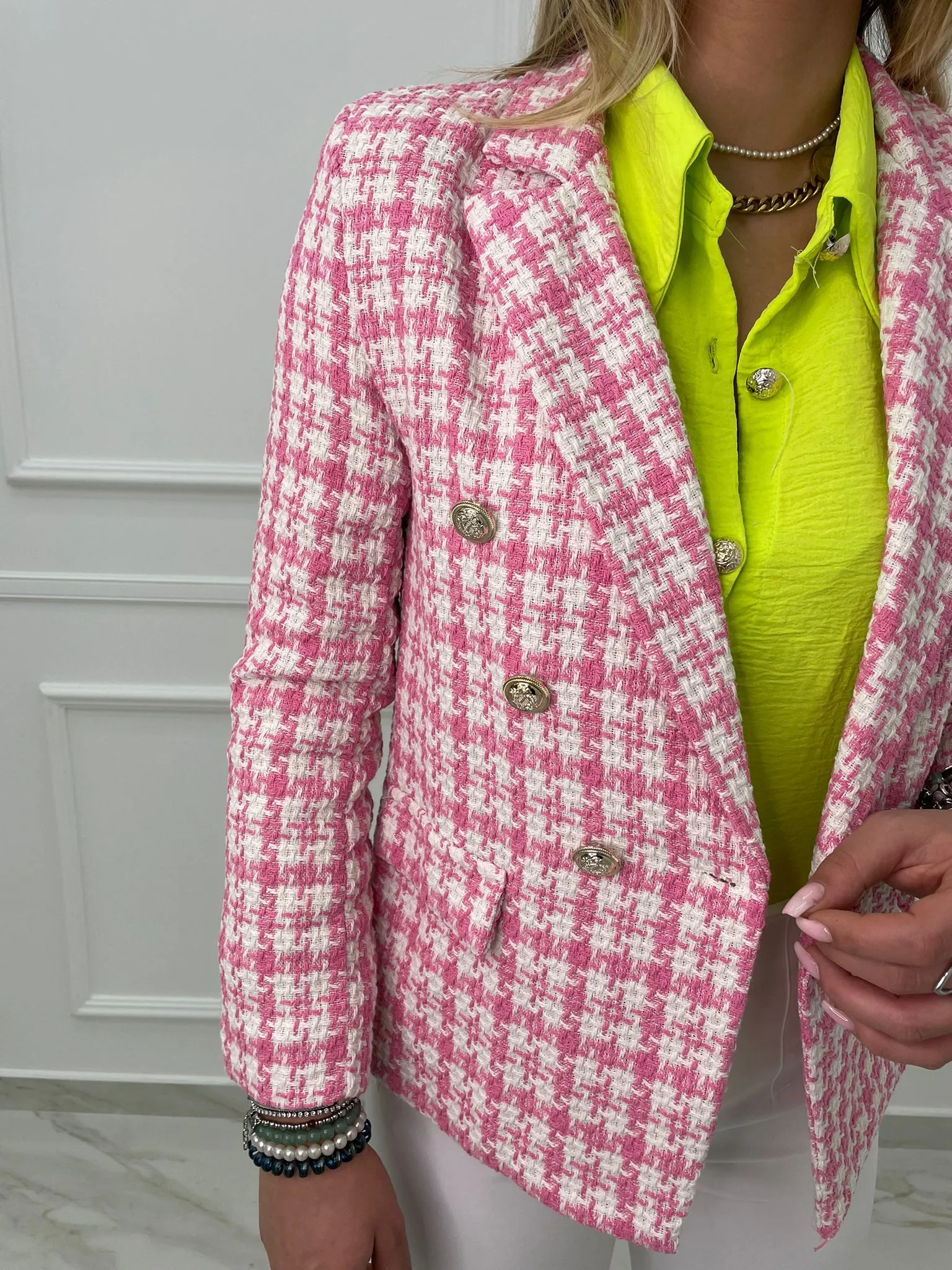 Giacca tweed doppiopetto con bottoni oro