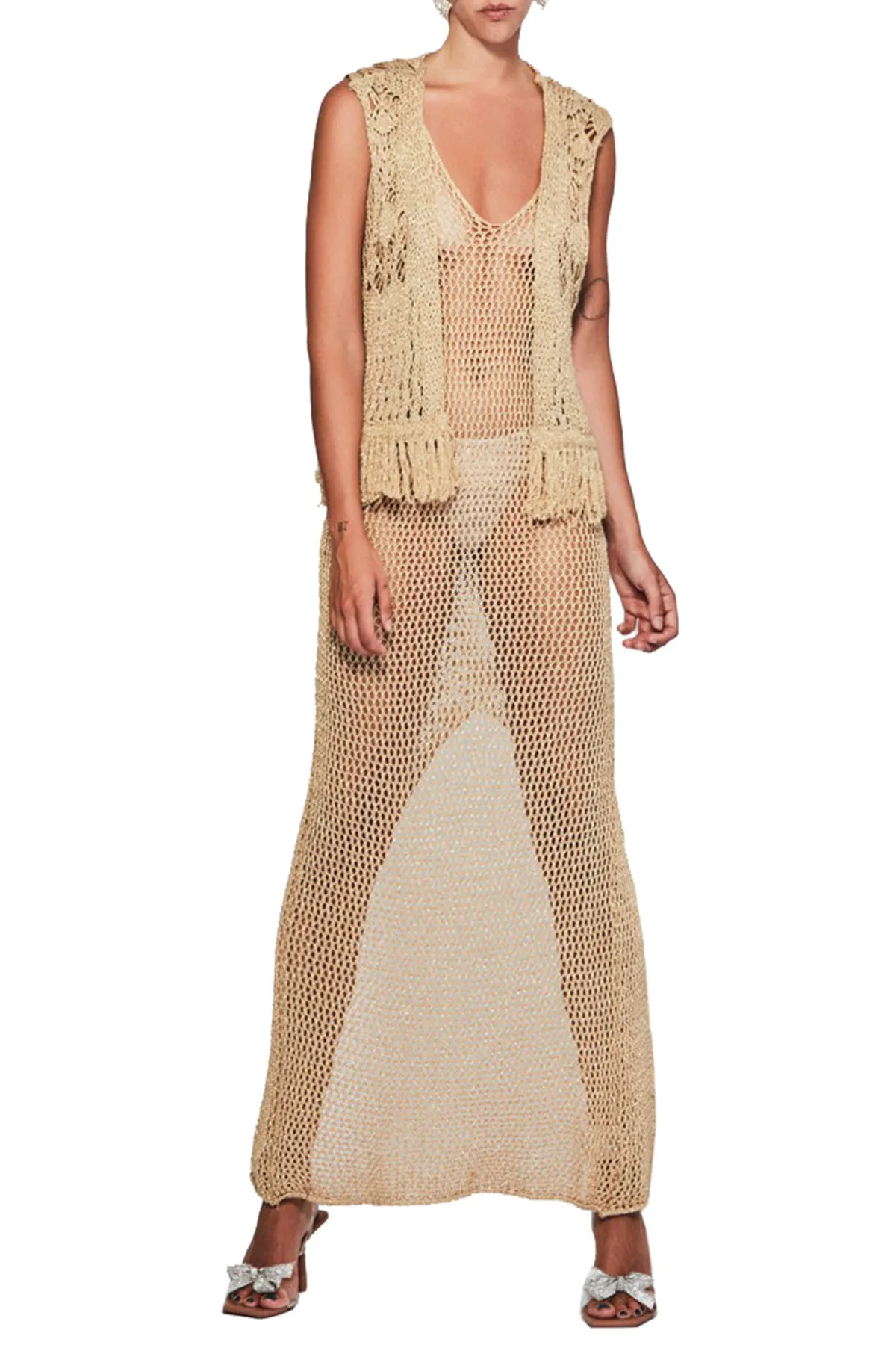 Gilet donna corto in maglia con frange uncinetto filo lurex senza abbottonatura