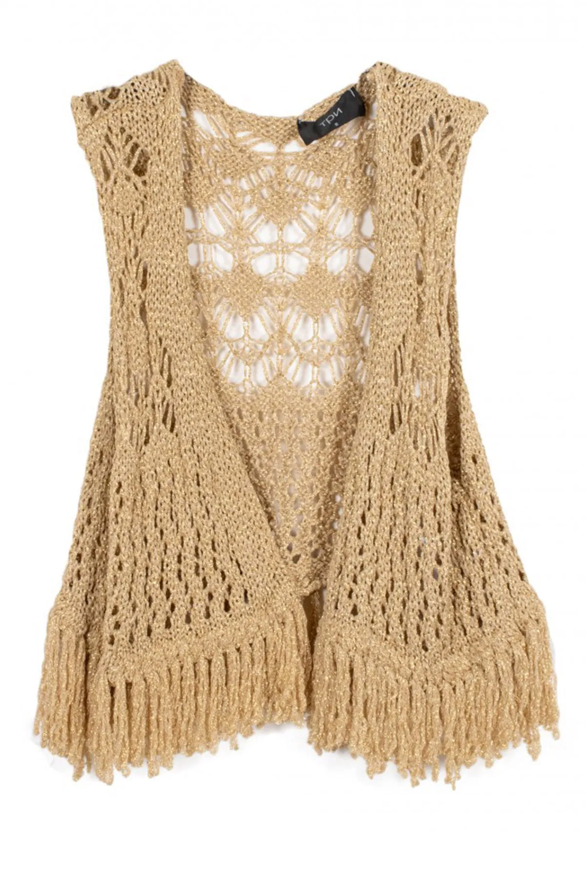Gilet donna corto in maglia con frange uncinetto filo lurex senza abbottonatura