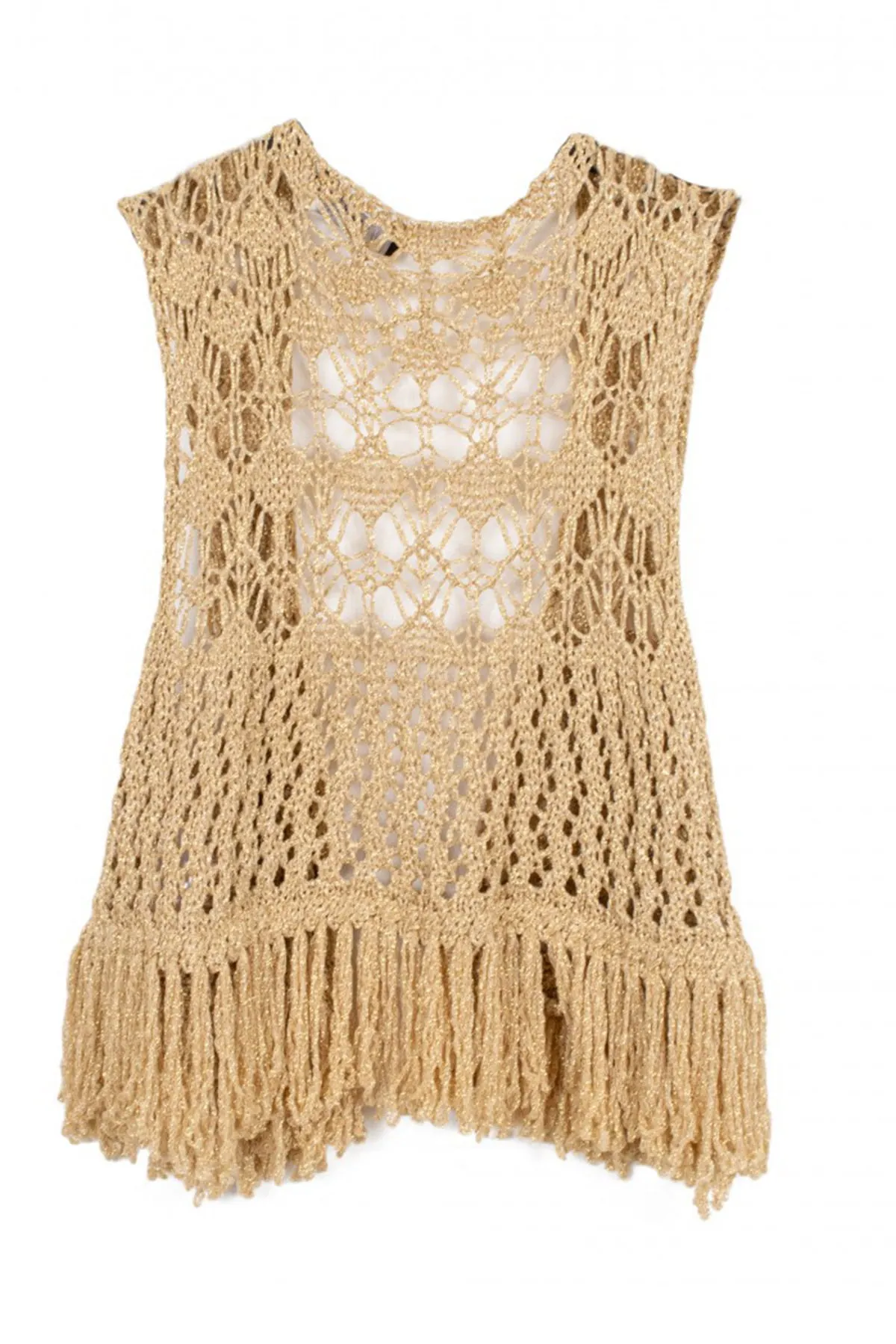 Gilet donna corto in maglia con frange uncinetto filo lurex senza abbottonatura