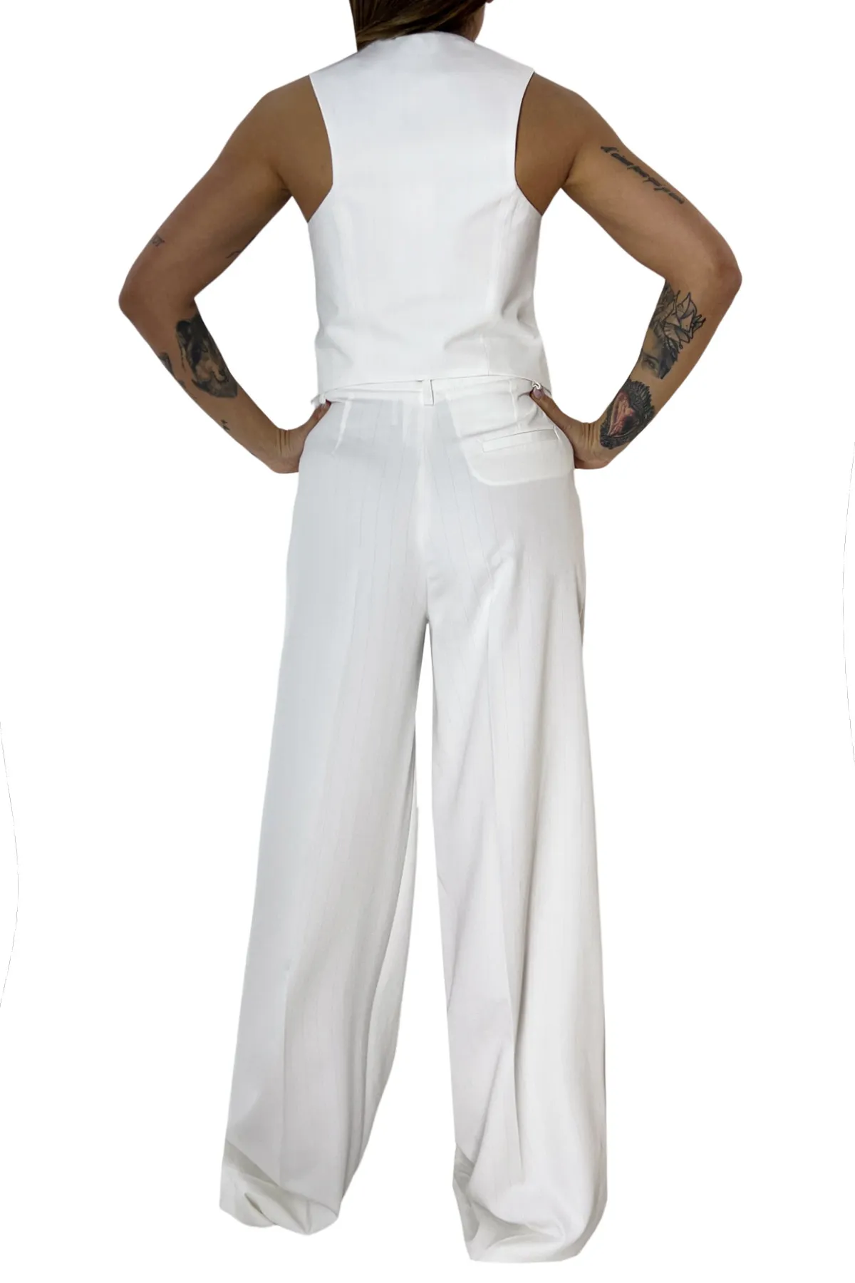 Gilet donna in cotone denim rigato tono su tono con bottoni oro e logo metallico