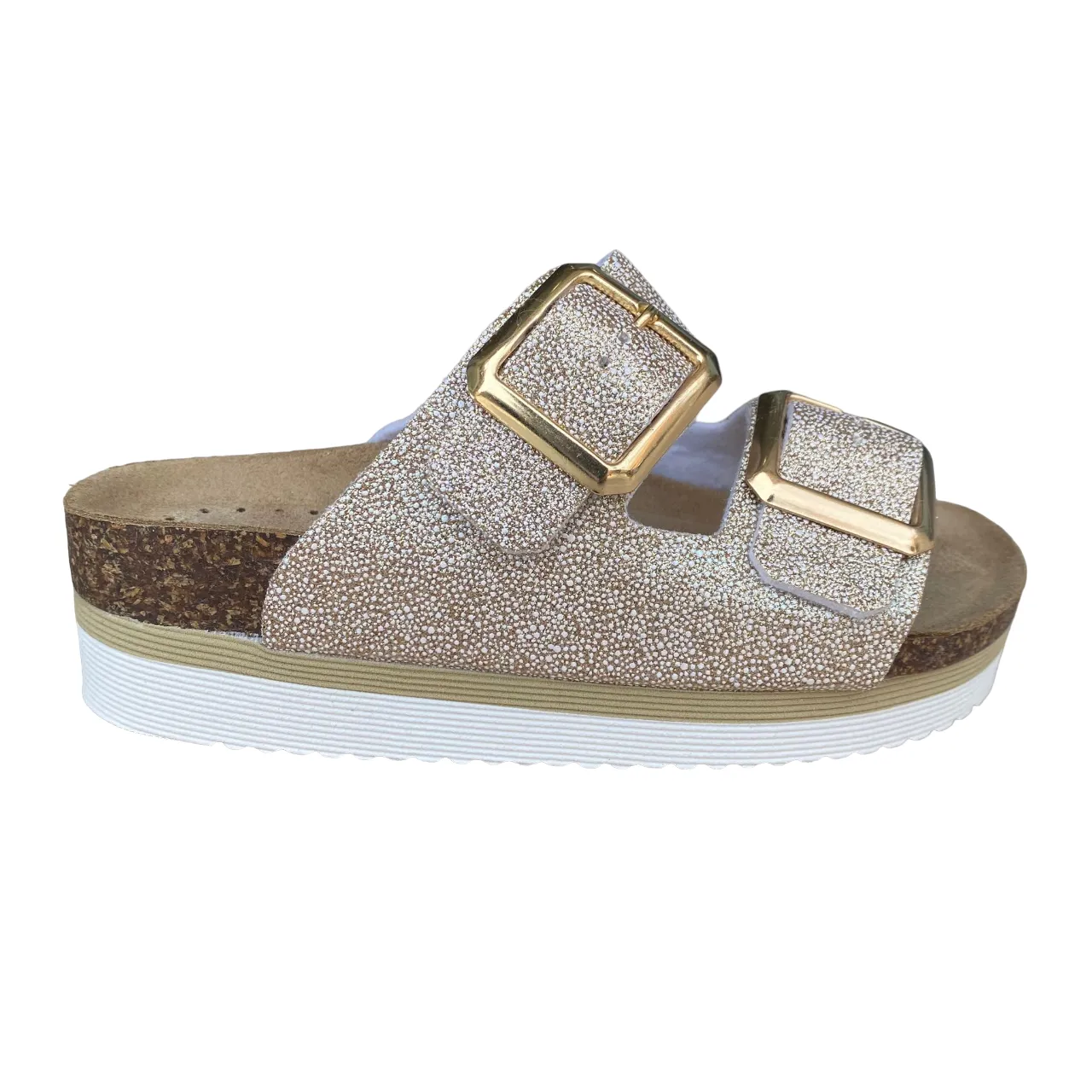 Goldstar women's slipper in leather insole with 2 glittery bands and golden buckle GS4801QBK platinum