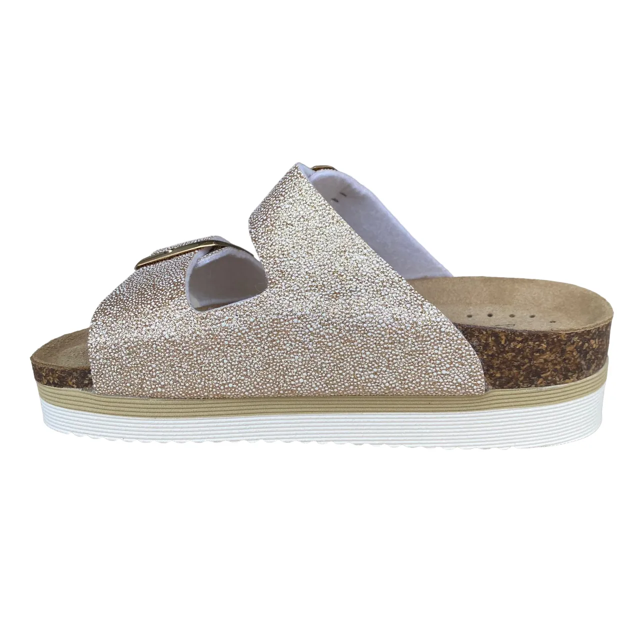 Goldstar women's slipper in leather insole with 2 glittery bands and golden buckle GS4801QBK platinum