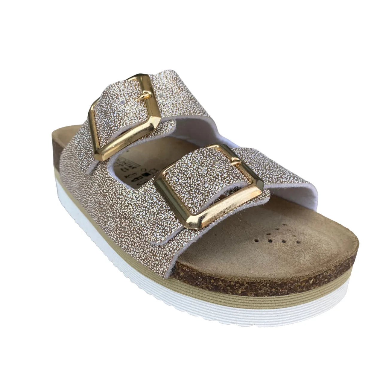 Goldstar women's slipper in leather insole with 2 glittery bands and golden buckle GS4801QBK platinum
