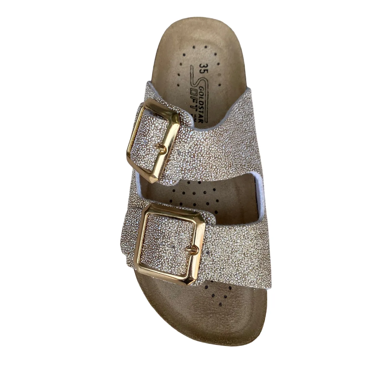 Goldstar women's slipper in leather insole with 2 glittery bands and golden buckle GS4801QBK platinum