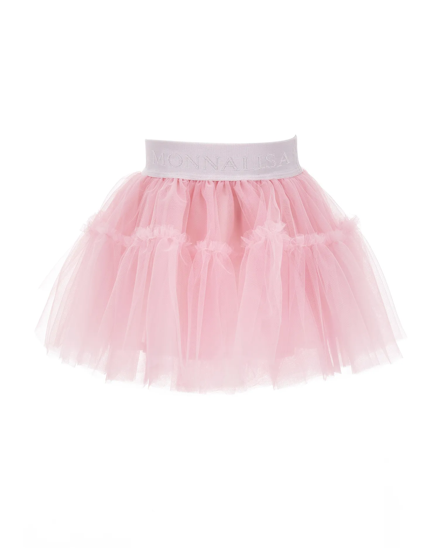 Gonna rosa chiaro in tulle mano seta con balza al fondo e fascia elastica in vita con logo parlato in tono 12-36 mesi