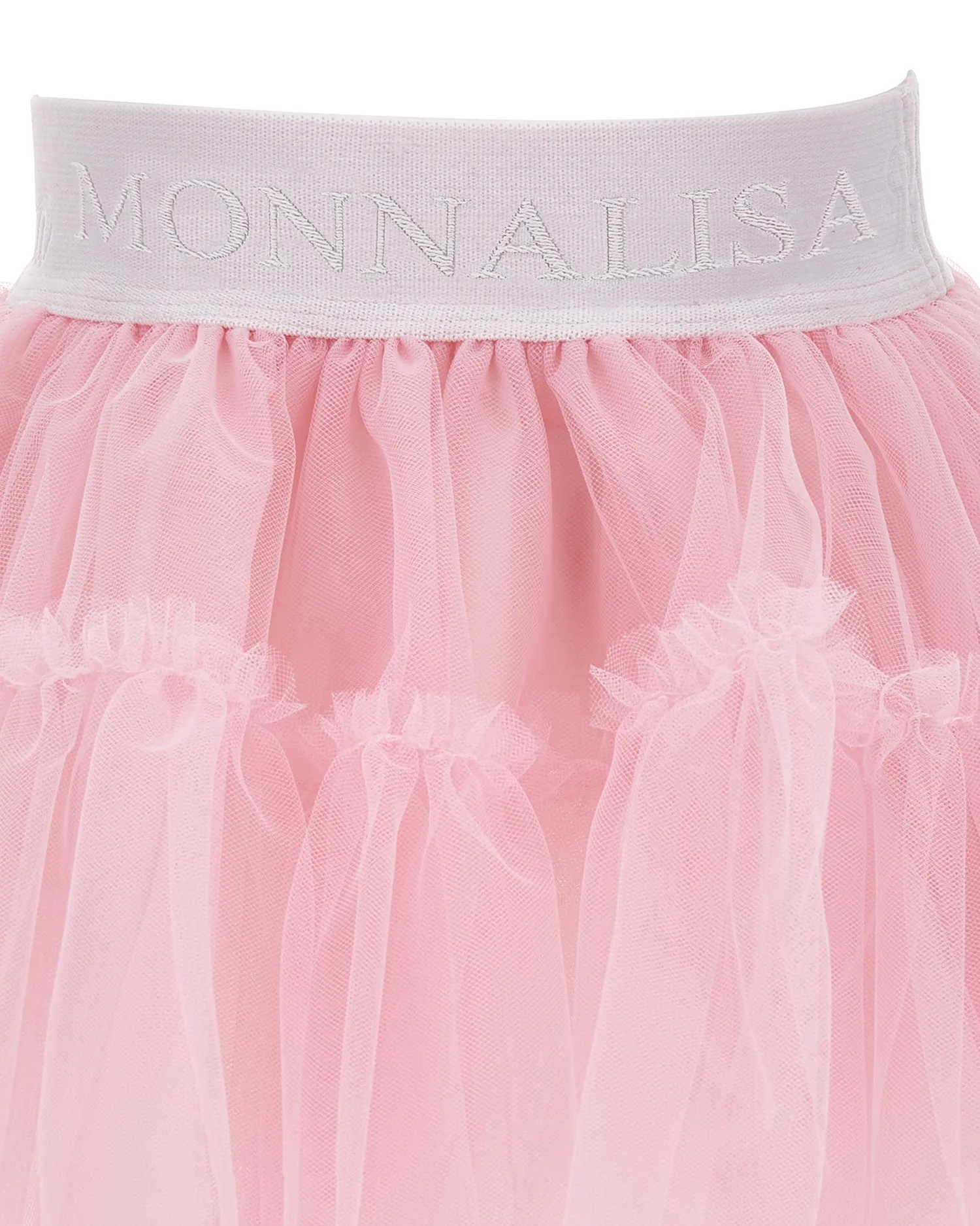 Gonna rosa chiaro in tulle mano seta con balza al fondo e fascia elastica in vita con logo parlato in tono 12-36 mesi
