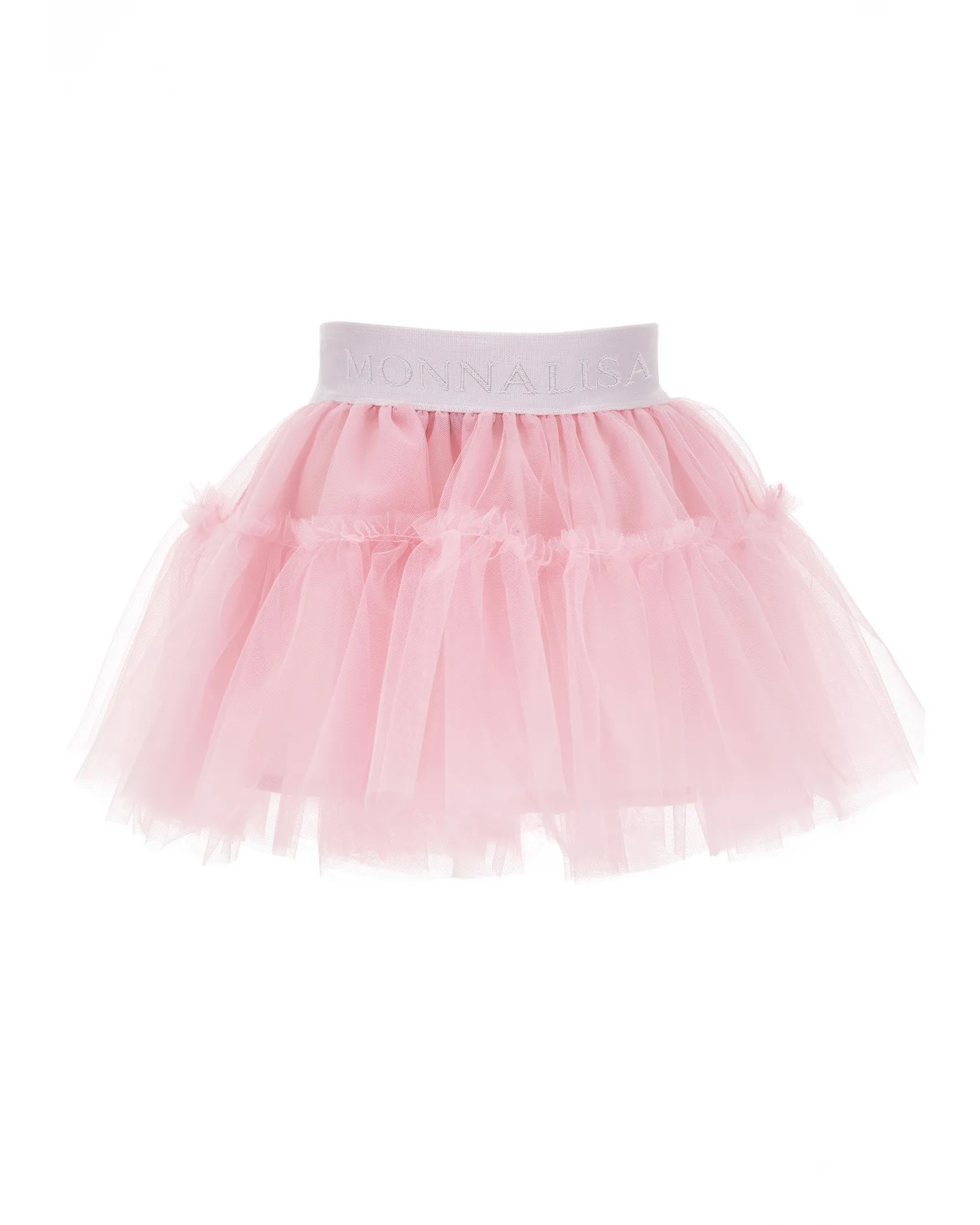 Gonna rosa chiaro in tulle mano seta con balza al fondo e fascia elastica in vita con logo parlato in tono 12-36 mesi