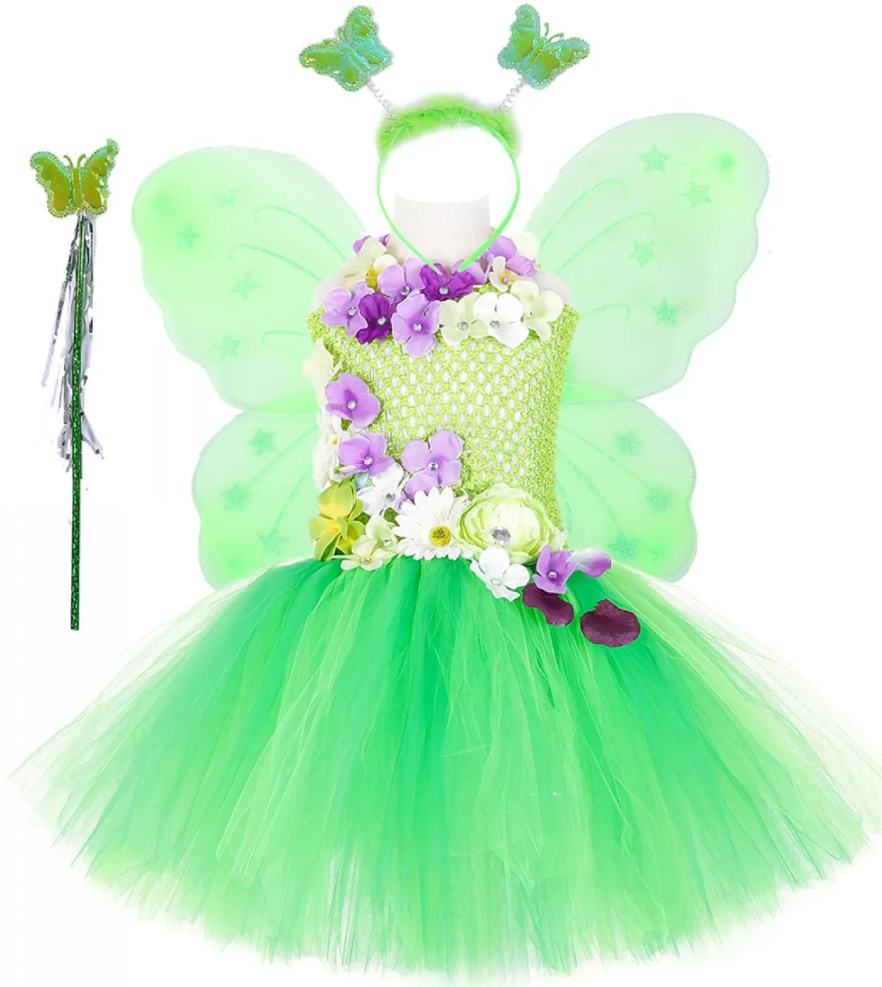 Green Fairy Girls Tutu Dress With Wings Flower Girl Princess Abiti Outfit Bambini Compleanno Costume di Halloween Fan per bambin