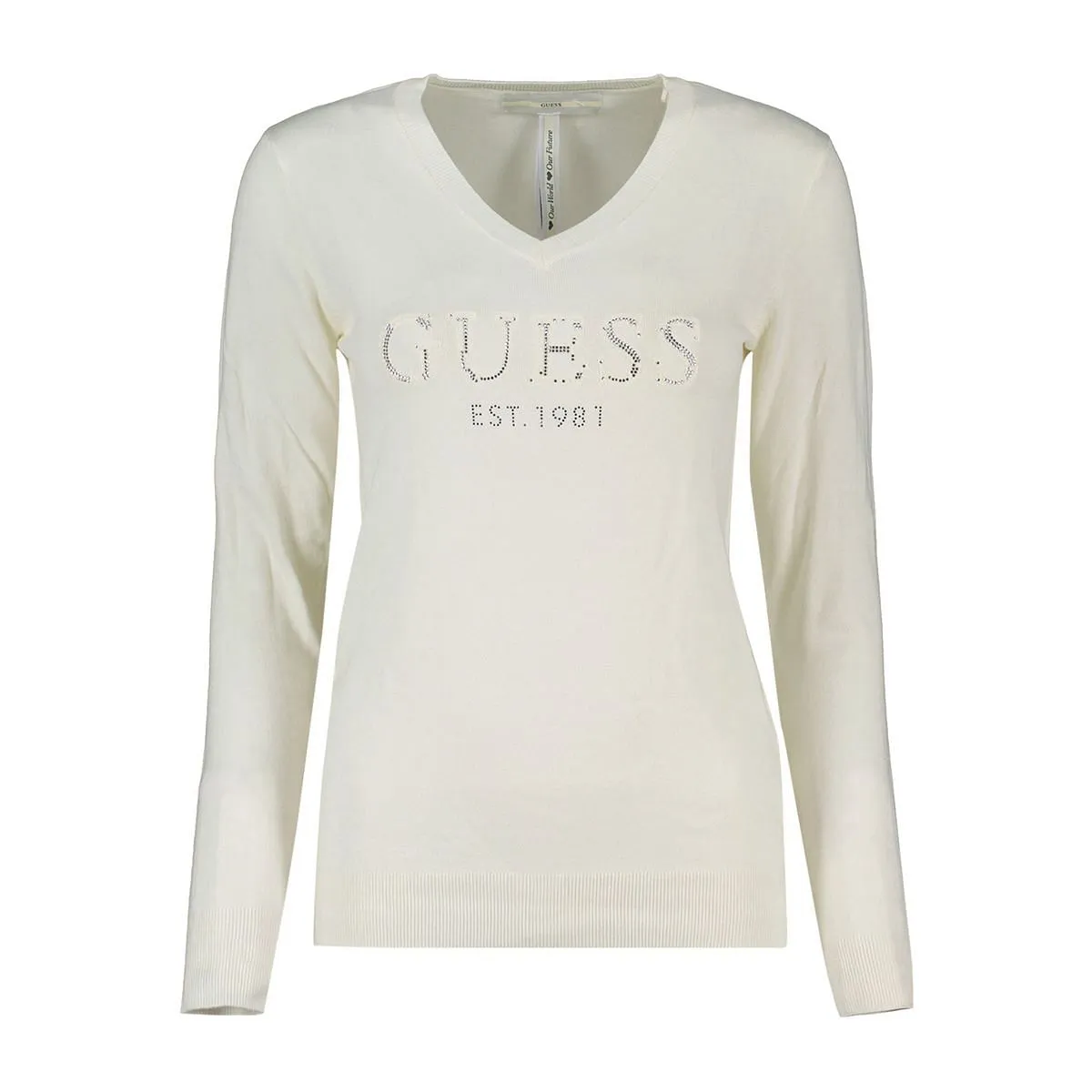      GUESS MAGLIONE SCOLLO V LOGO STRASS JADE DONNA  