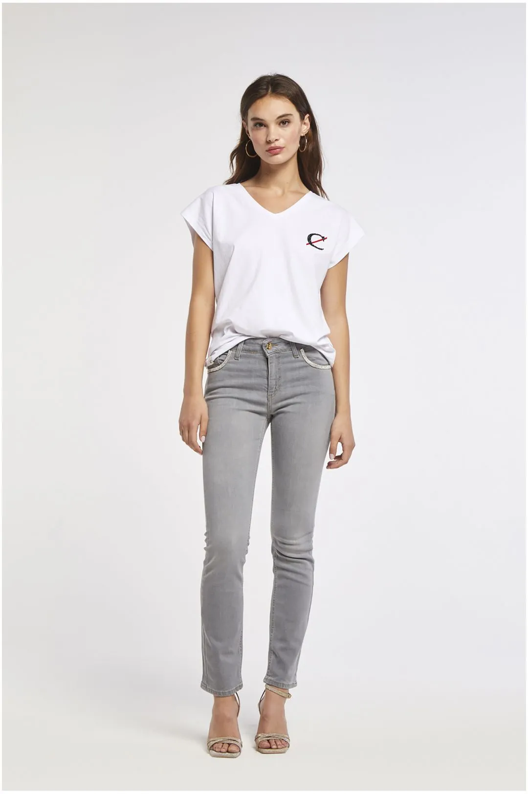 jeans audrey slim in tela superstretch con strass light grey