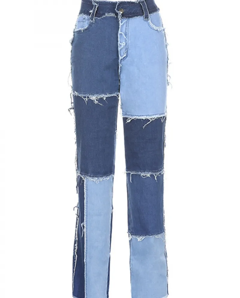 Jeans da donna  Patchwork Pantaloni lunghi casual a gamba dritta bicolore Jeans denim a vita alta Pantaloni a matita alla m
