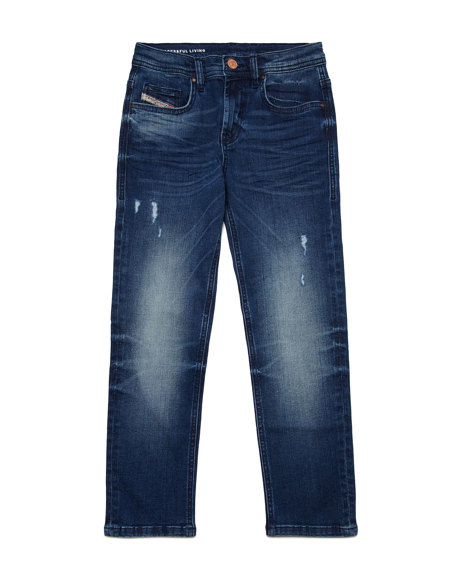 Jeans straight a lavaggio scuro stone washed in cotone stretch con abrasioni 10-16 anni