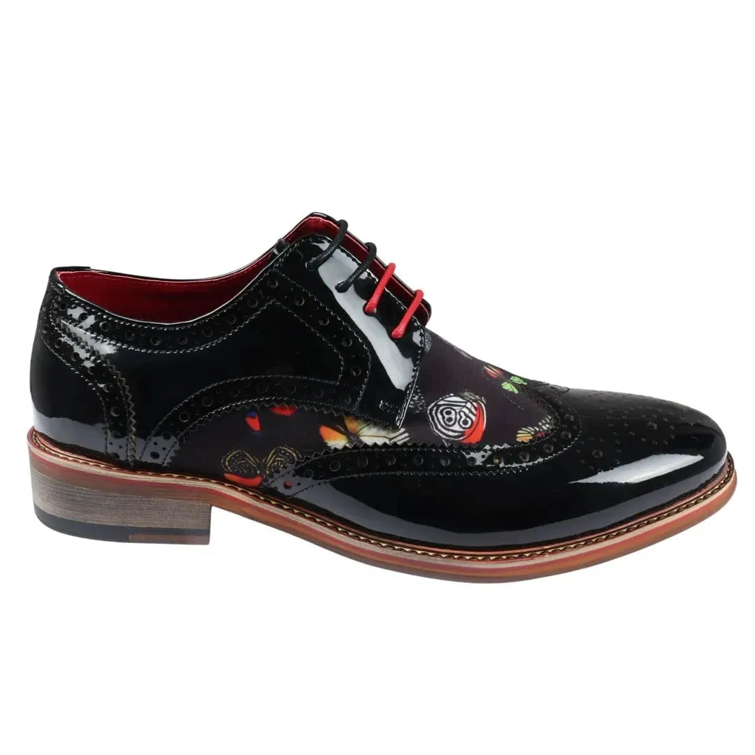 Julius - Scarpe brogue da uomo in pelle verniciata con stampa di farfalle