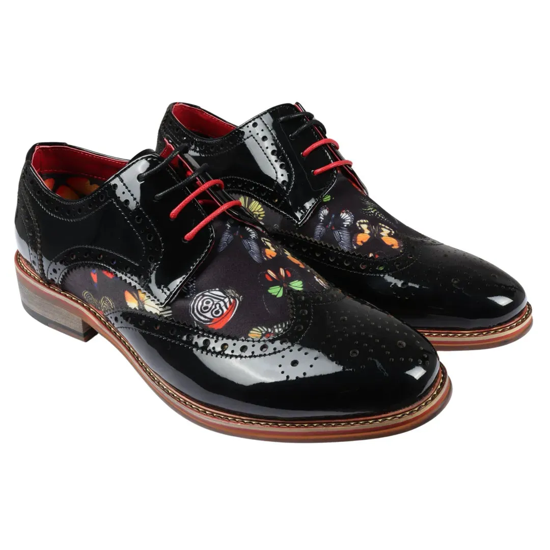 Julius - Scarpe brogue da uomo in pelle verniciata con stampa di farfalle