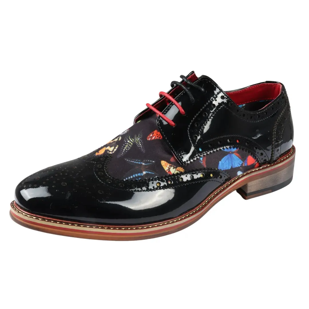 Julius - Scarpe brogue da uomo in pelle verniciata con stampa di farfalle