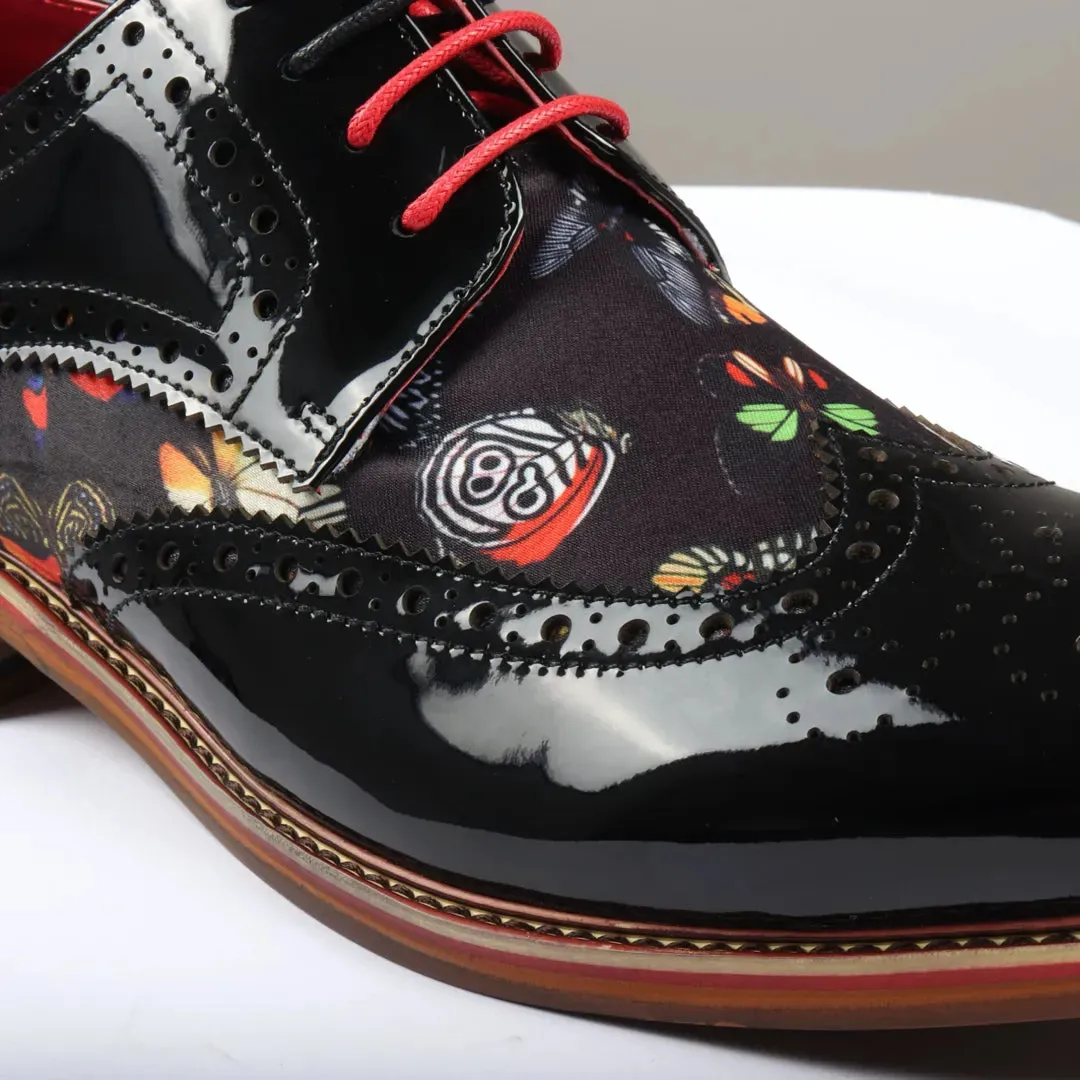 Julius - Scarpe brogue da uomo in pelle verniciata con stampa di farfalle
