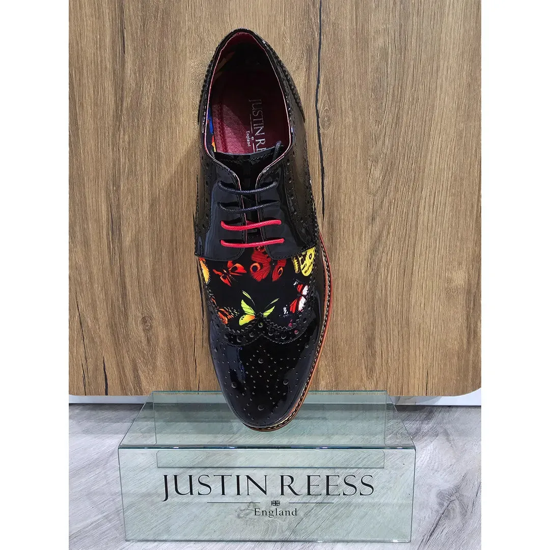 Julius - Scarpe brogue da uomo in pelle verniciata con stampa di farfalle