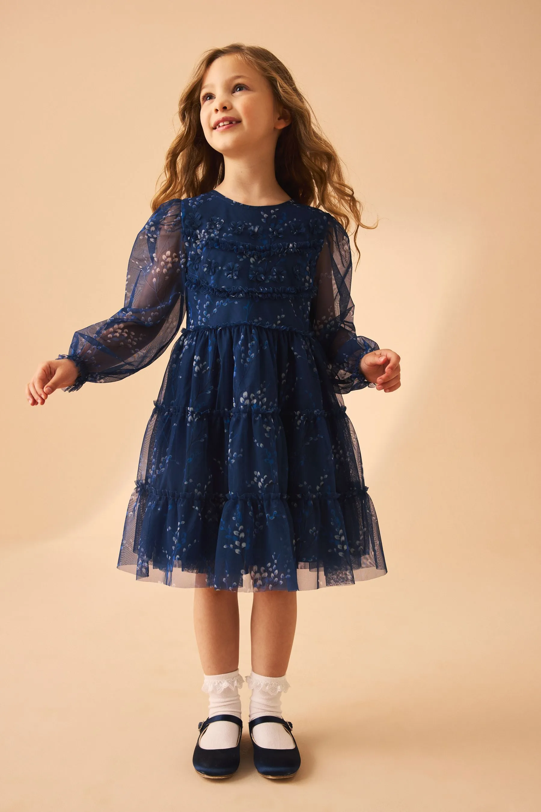 Laura Ashley Tiered Manica lunga Mesh Vestito    