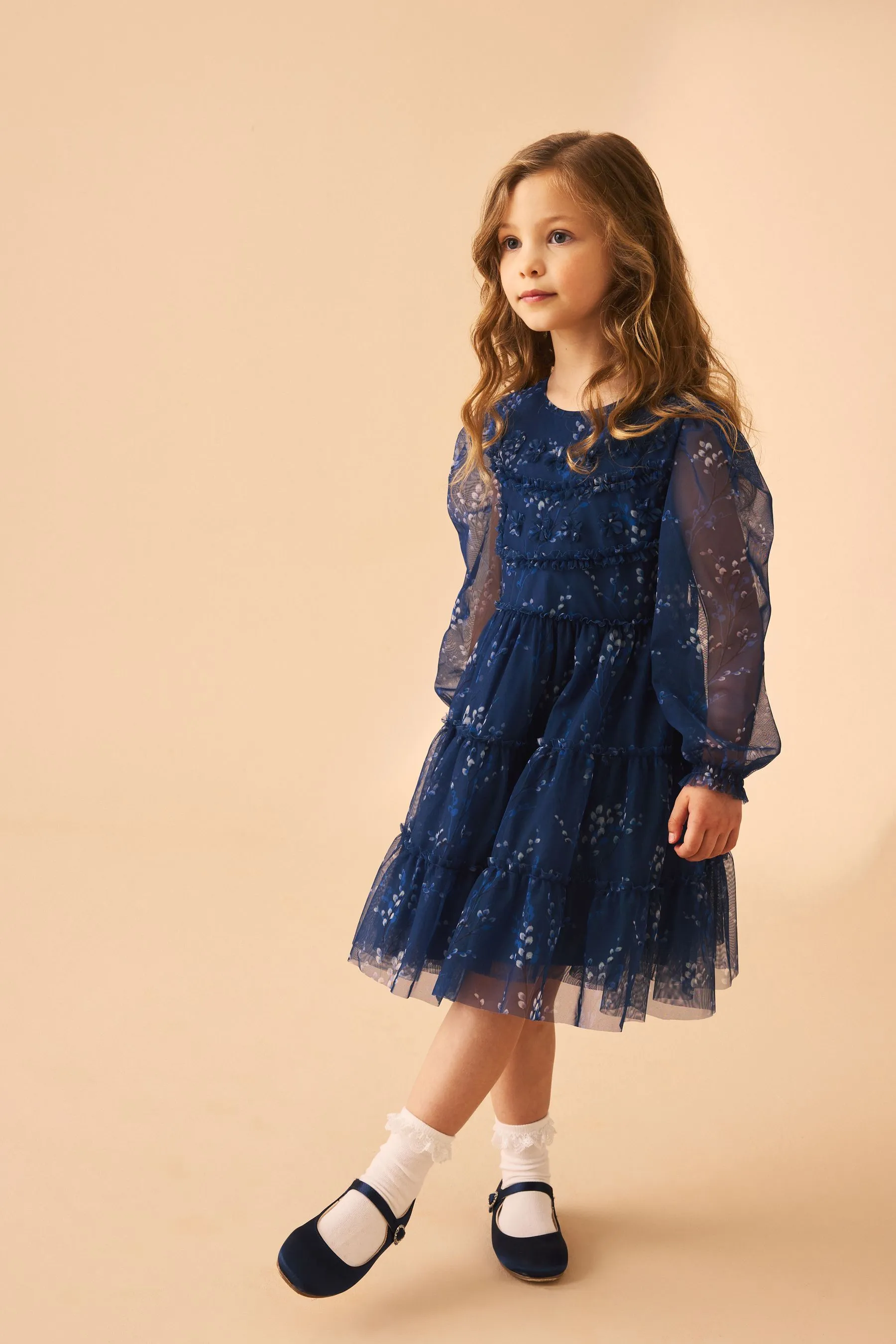 Laura Ashley Tiered Manica lunga Mesh Vestito    