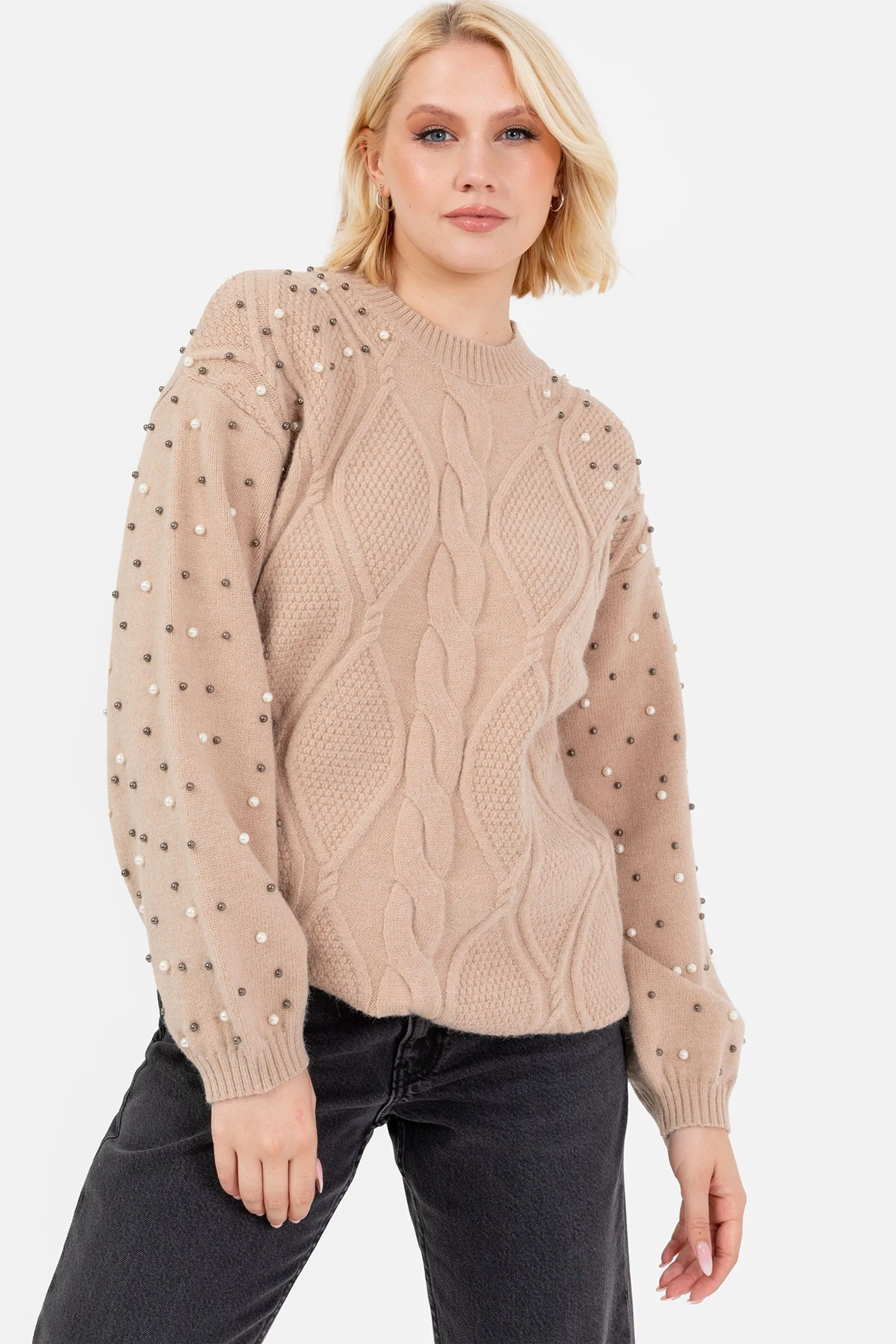 Lovedrobe Pearl Embellished Long Length Cable Knit Jumper    