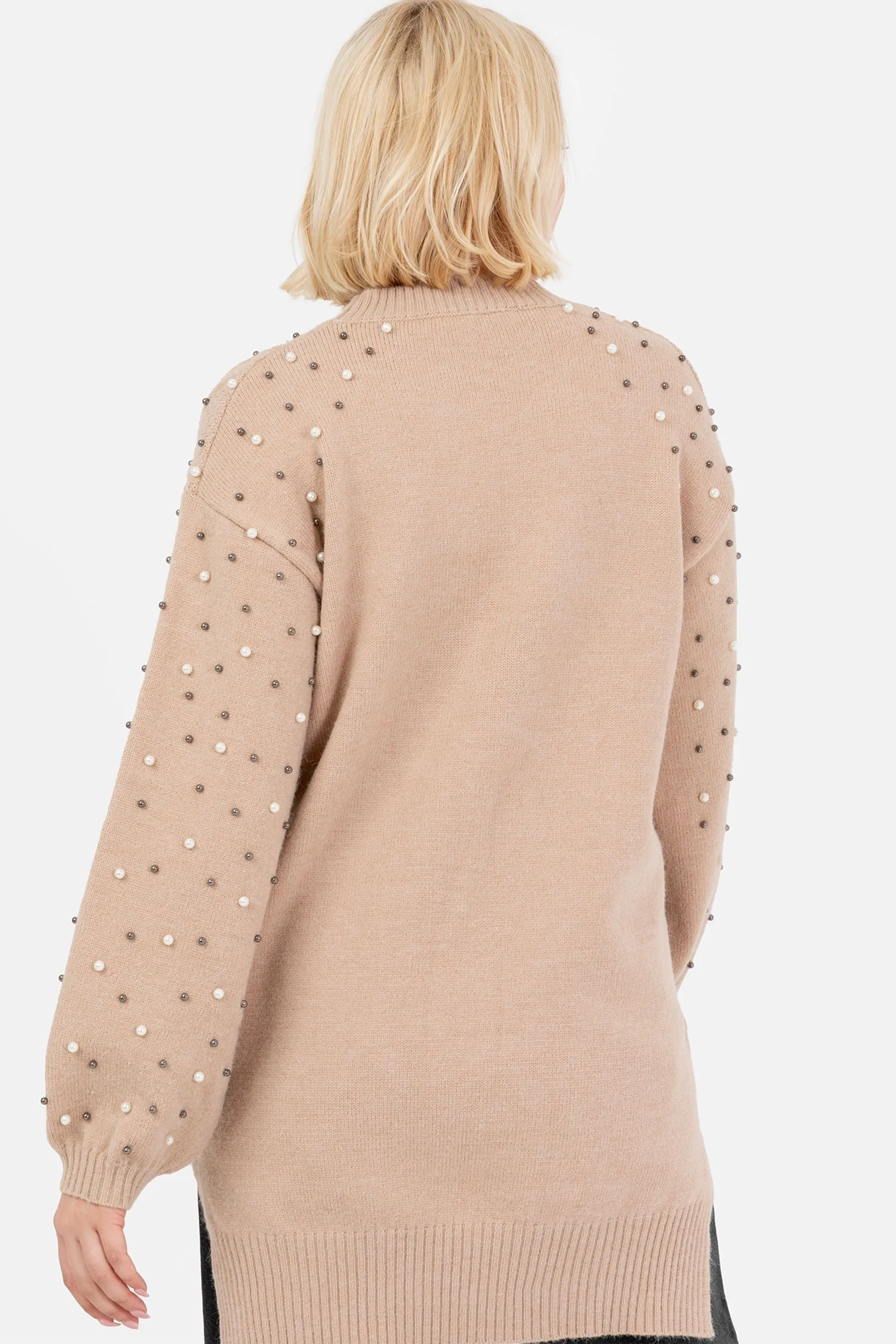 Lovedrobe Pearl Embellished Long Length Cable Knit Jumper    