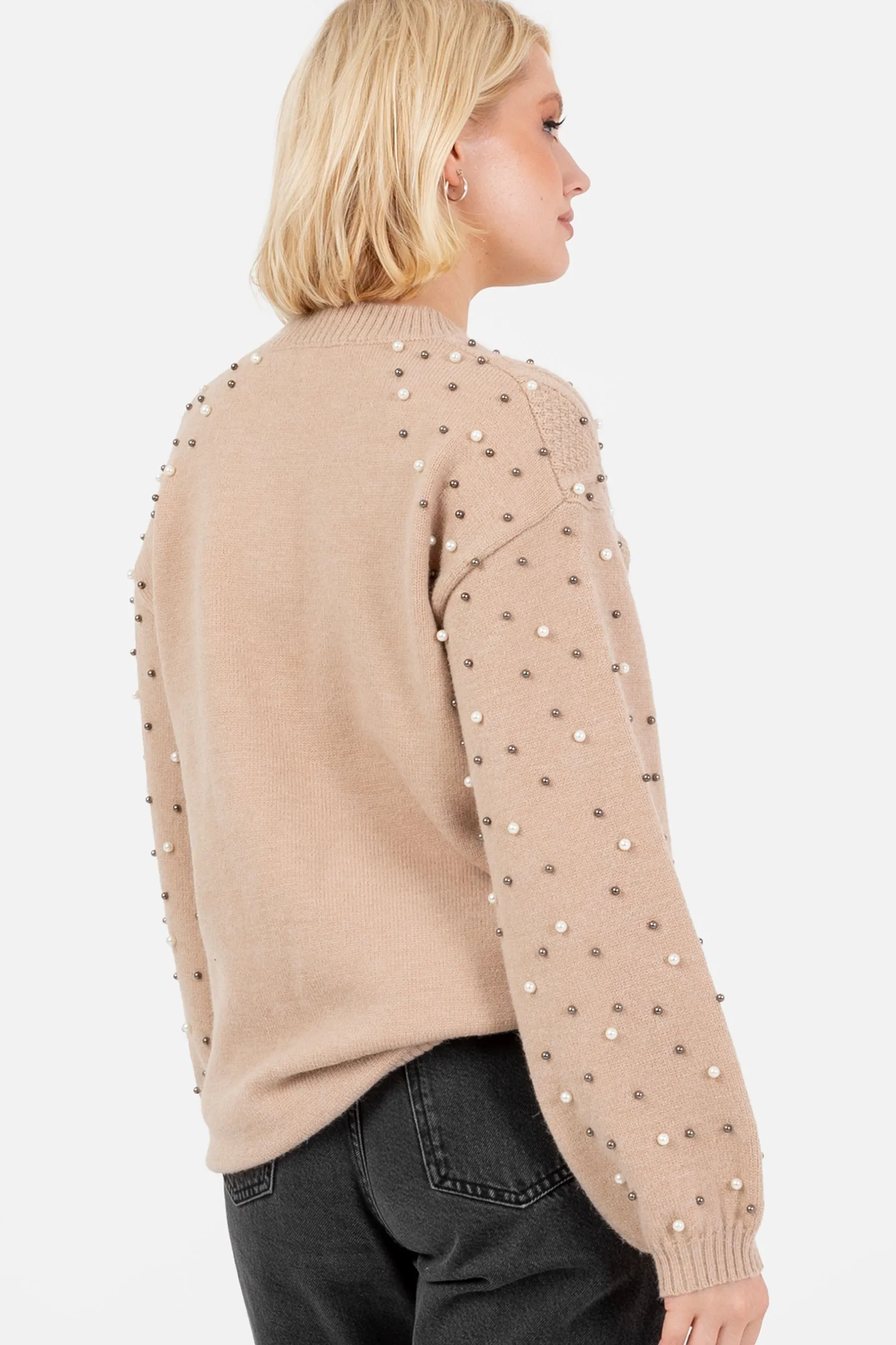 Lovedrobe Pearl Embellished Long Length Cable Knit Jumper    