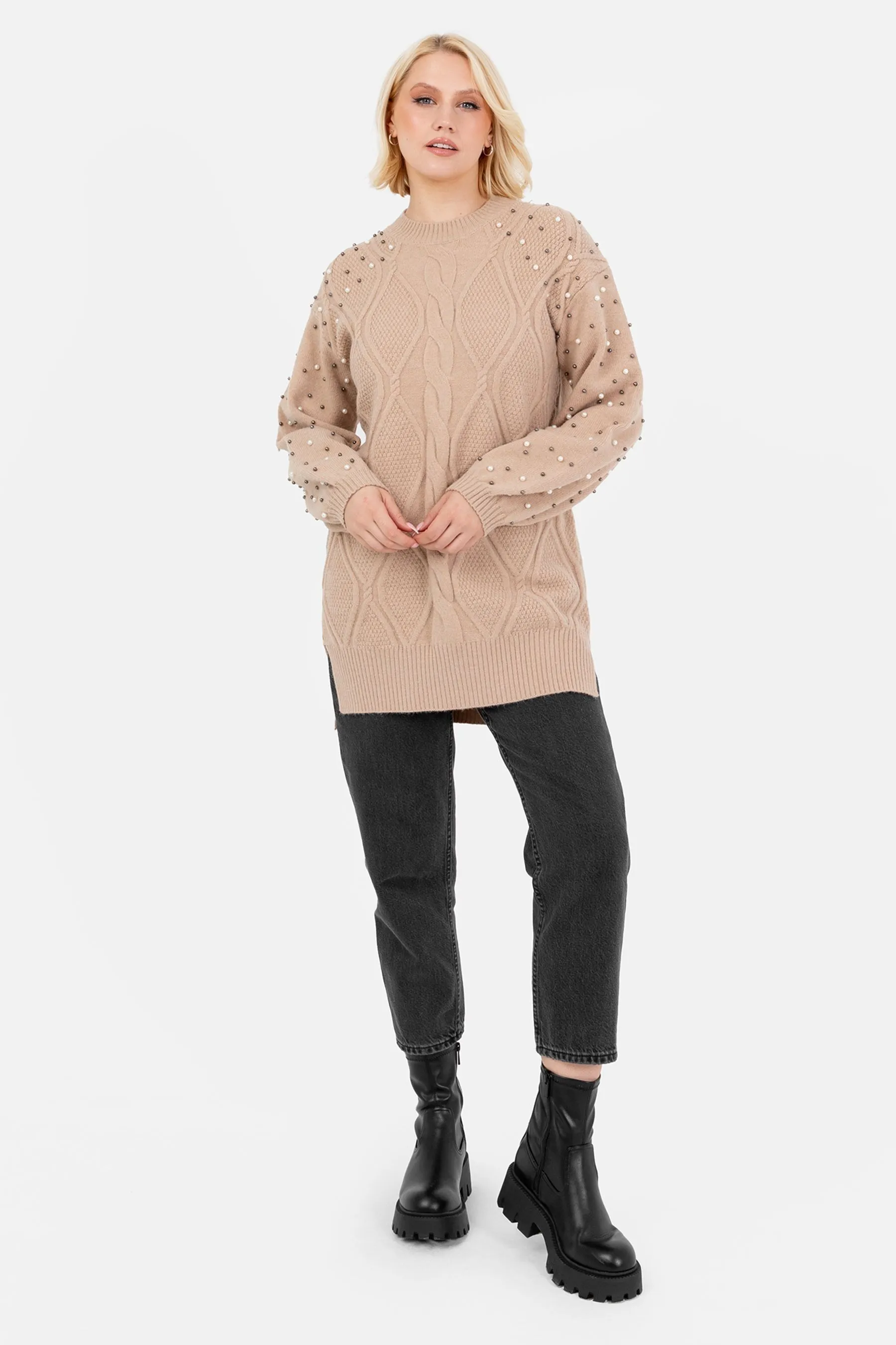 Lovedrobe Pearl Embellished Long Length Cable Knit Jumper    