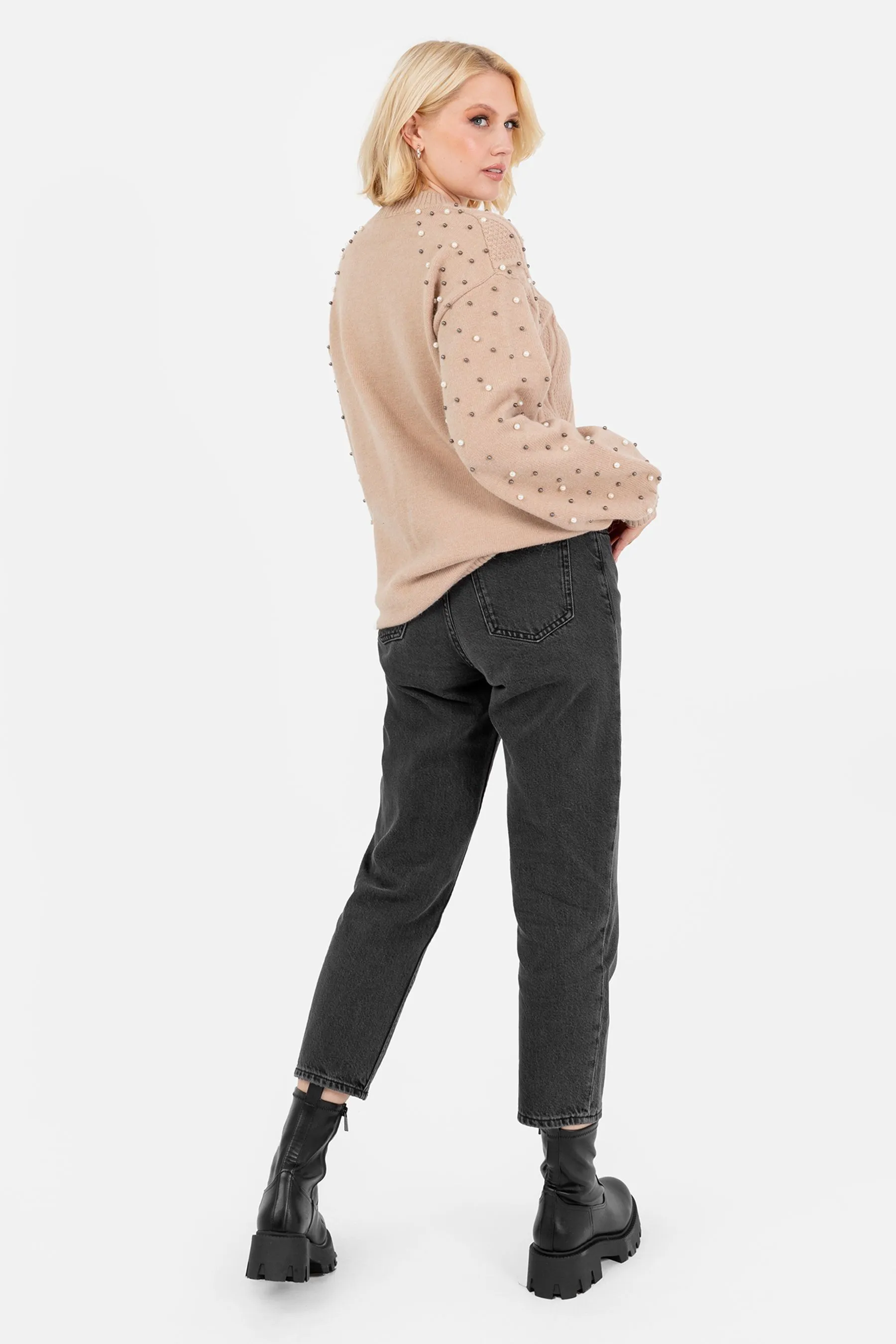 Lovedrobe Pearl Embellished Long Length Cable Knit Jumper    