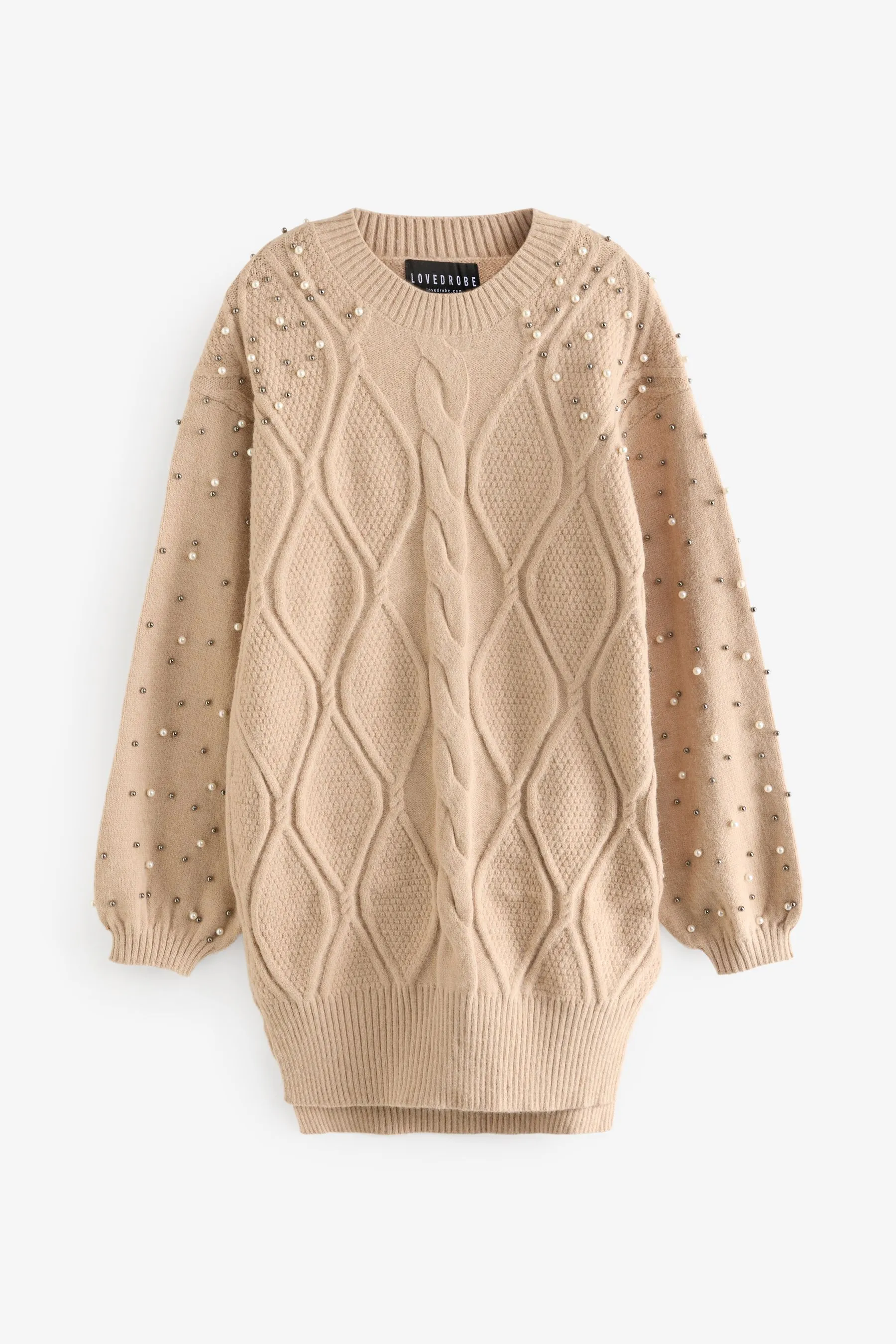 Lovedrobe Pearl Embellished Long Length Cable Knit Jumper    
