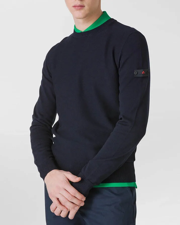 Maglia blu girocollo in puro cotone punto pepe