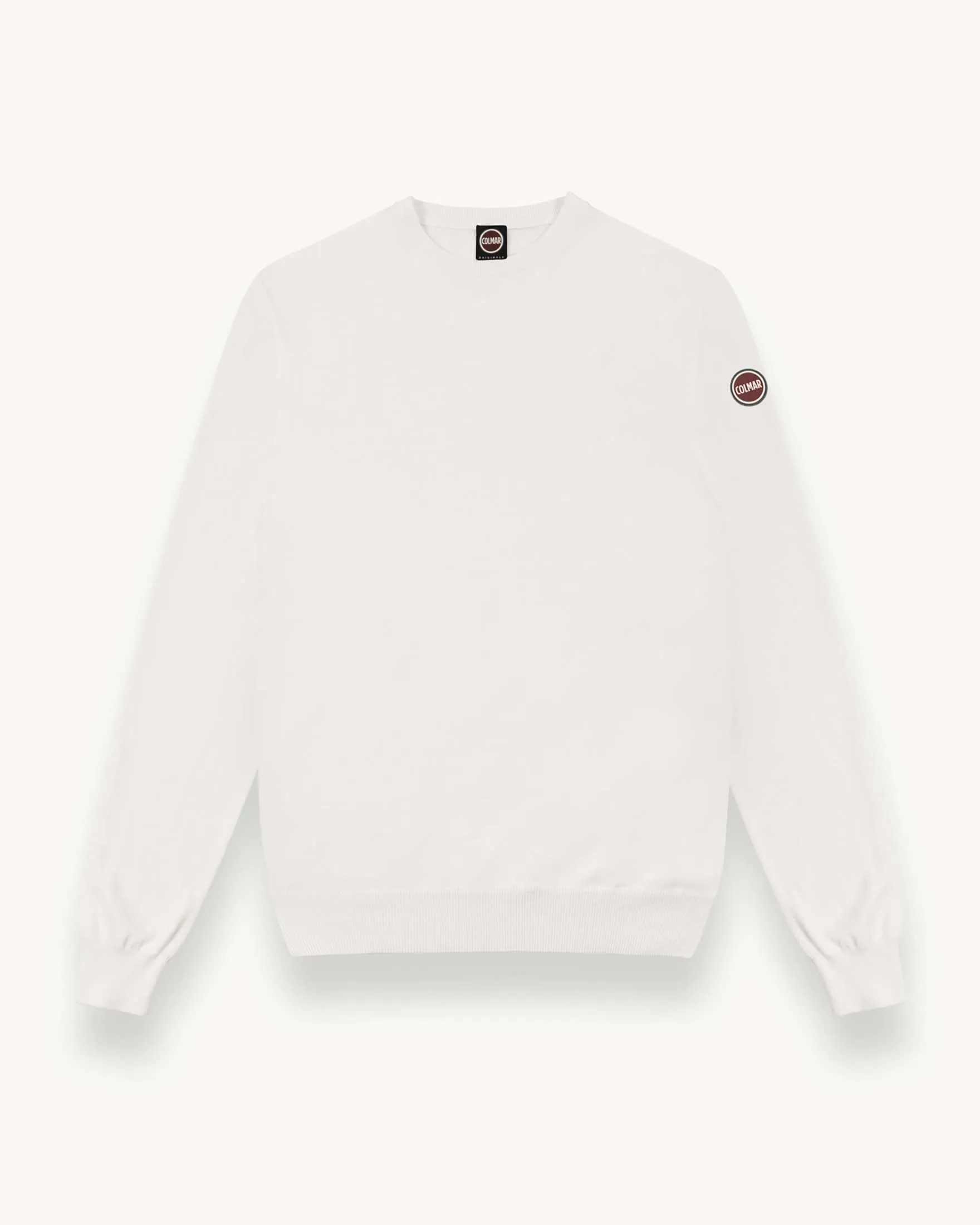 Maglia girocollo bianca in puro cotone con logo bollo sulla manica sinistra