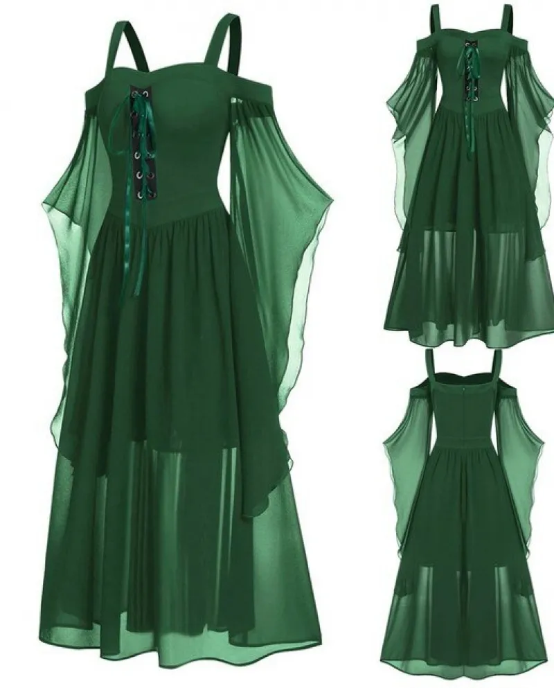 Medieval Renaissance Women Clothing Halloween Dress Gothic Retro Cosplay Costume Bandage Witch Sling Straps Big Swing Dr