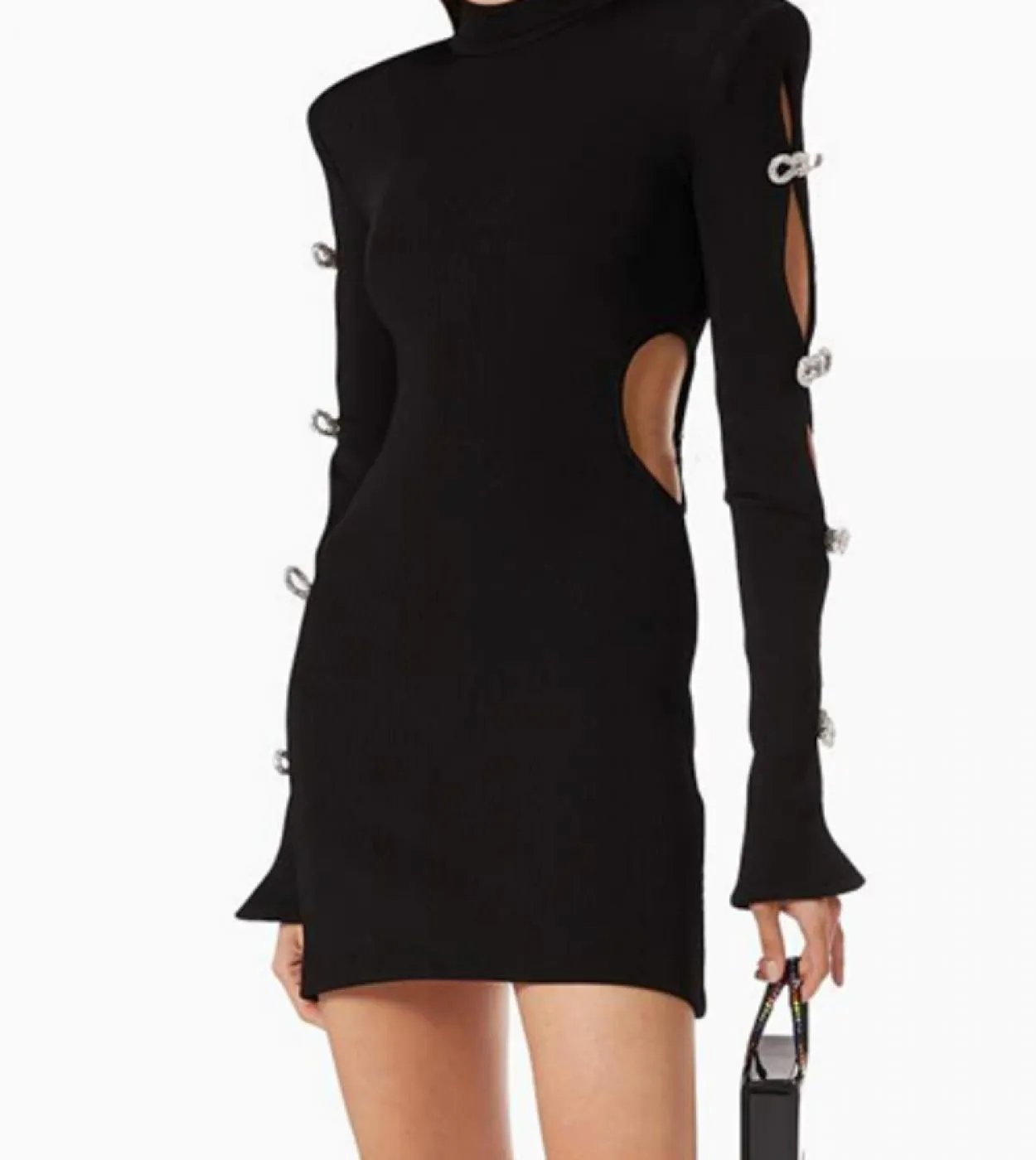 Mini abito a maniche lunghe con fiocco lucido senza schienale Donna Abito nero con scollo a O scava fuori Abito aderente con dia